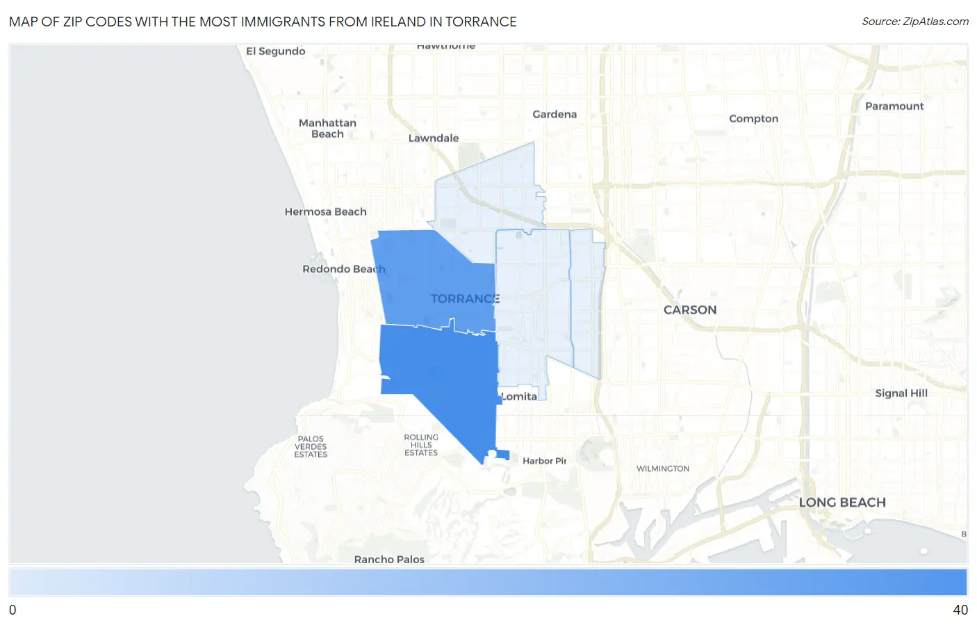 Zip Codes with the Most Immigrants from Ireland in Torrance Map