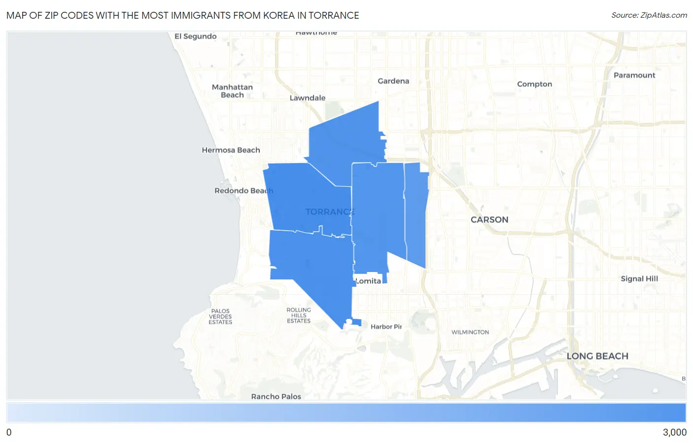 Zip Codes with the Most Immigrants from Korea in Torrance Map