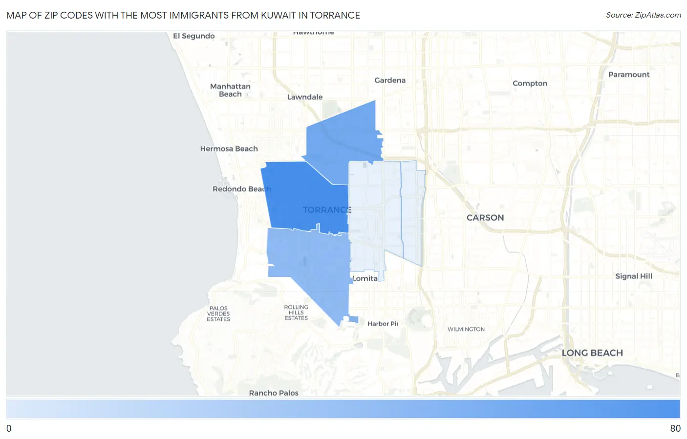 Zip Codes with the Most Immigrants from Kuwait in Torrance Map