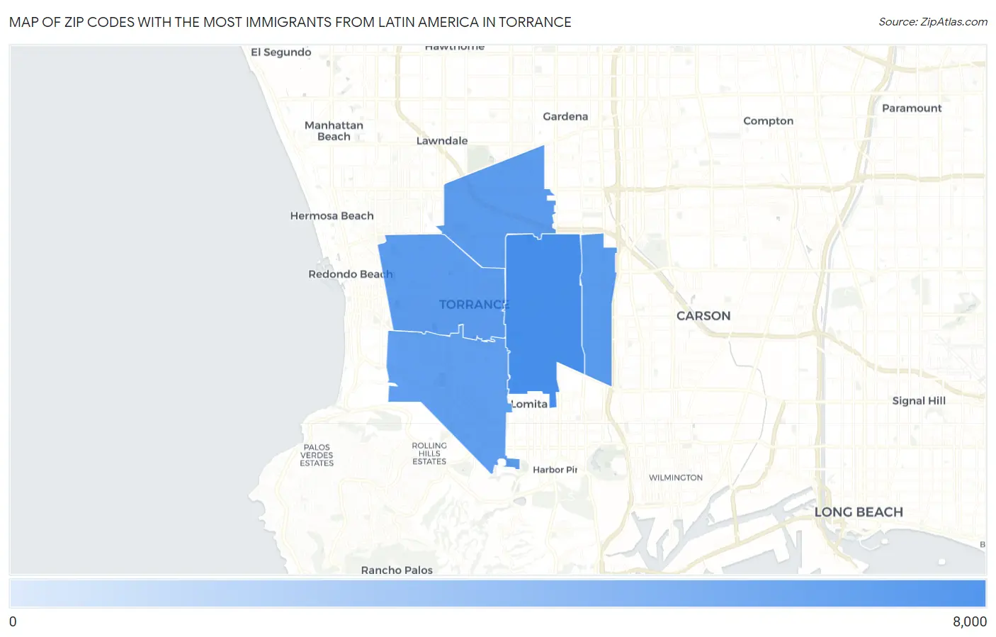 Zip Codes with the Most Immigrants from Latin America in Torrance Map