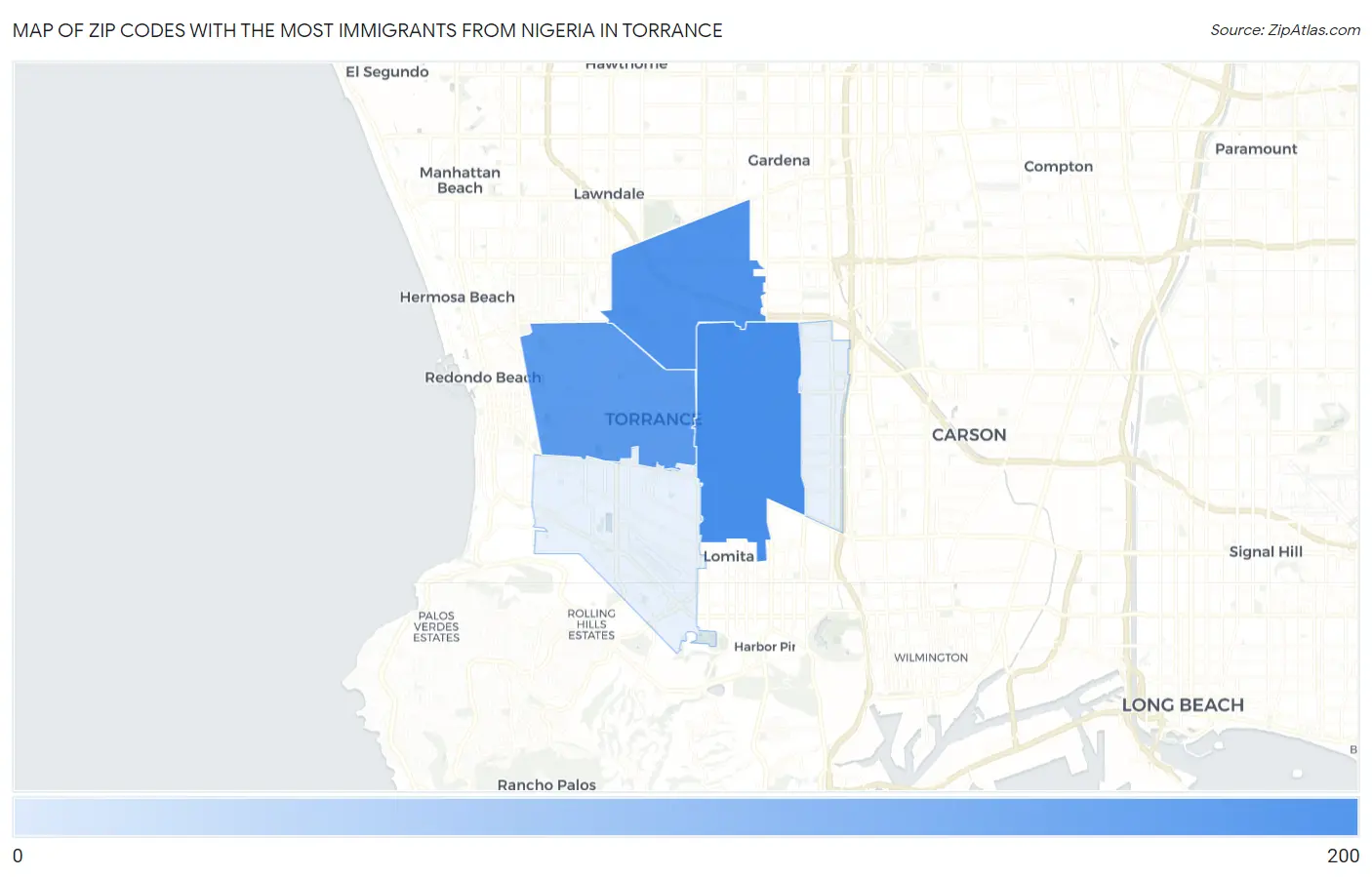 Zip Codes with the Most Immigrants from Nigeria in Torrance Map