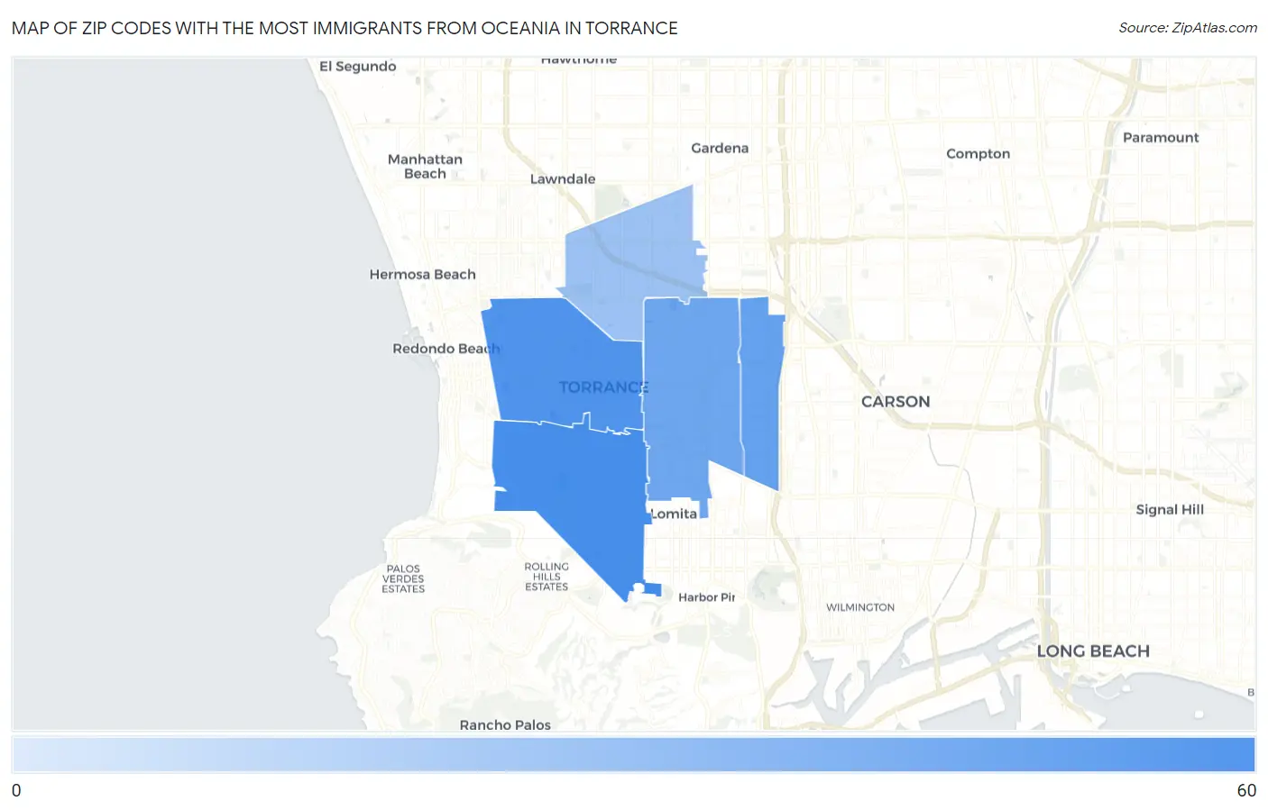 Zip Codes with the Most Immigrants from Oceania in Torrance Map