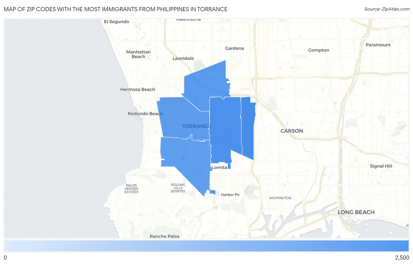 Zip Codes with the Most Immigrants from Philippines in Torrance Map