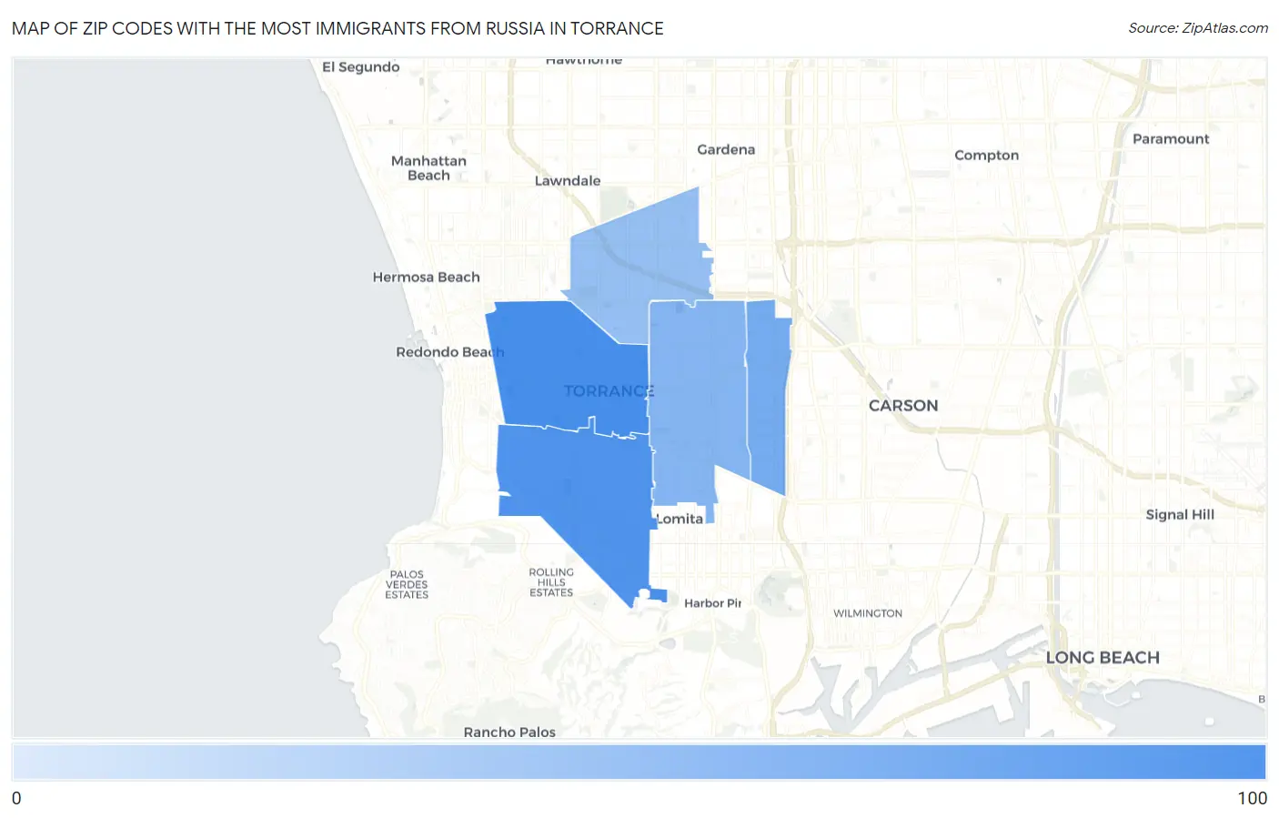 Zip Codes with the Most Immigrants from Russia in Torrance Map