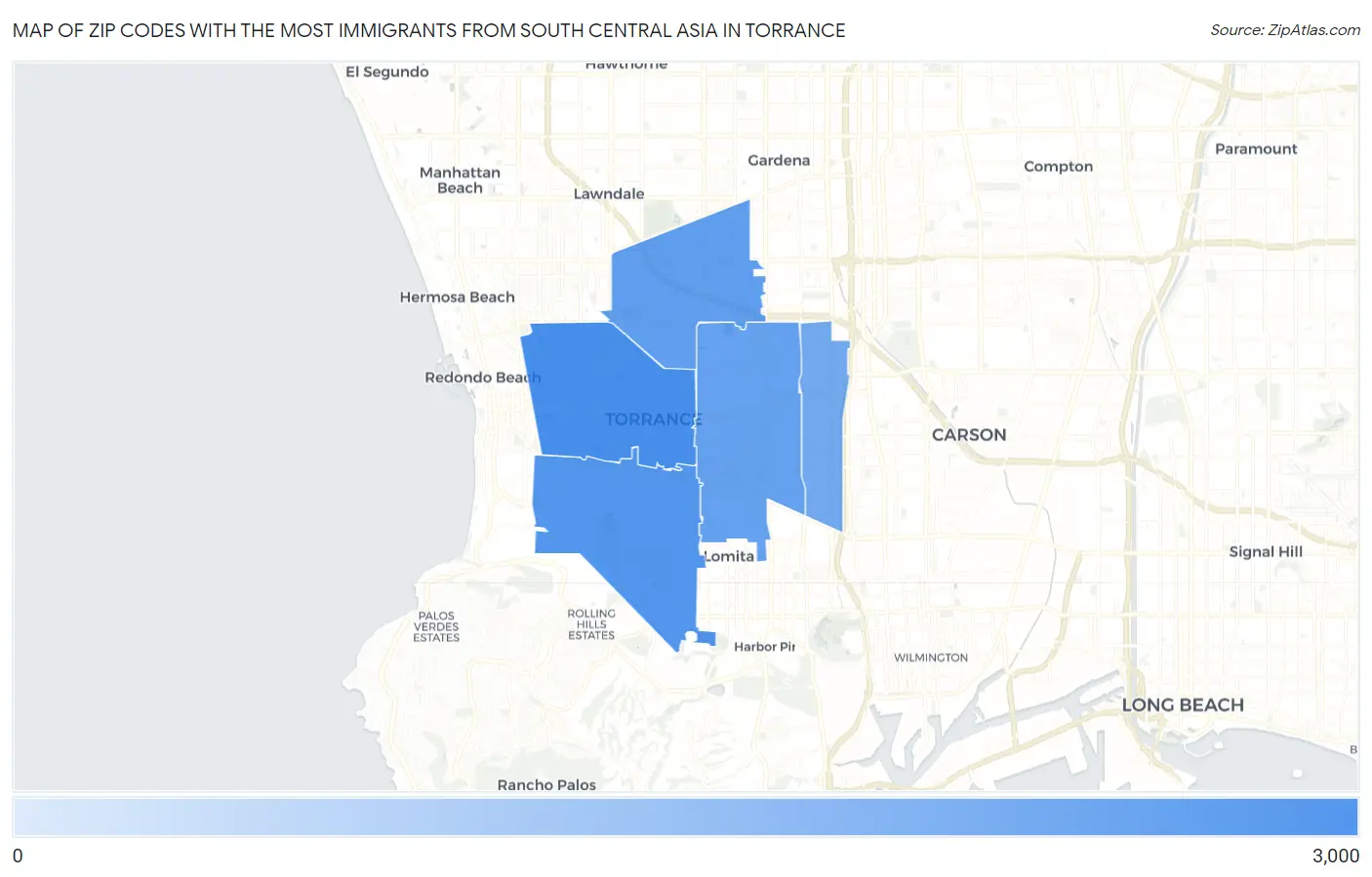 Zip Codes with the Most Immigrants from South Central Asia in Torrance Map