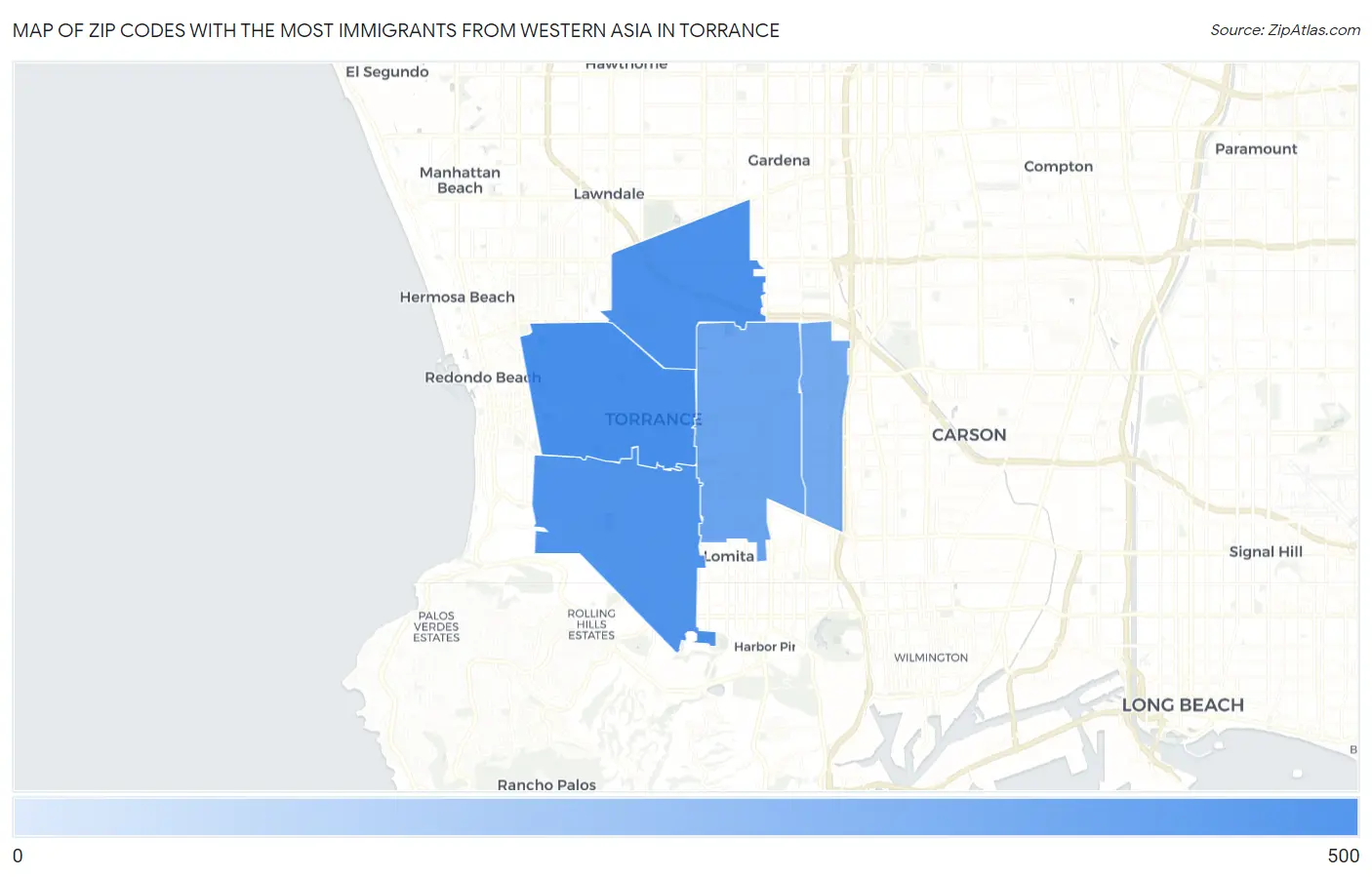 Zip Codes with the Most Immigrants from Western Asia in Torrance Map