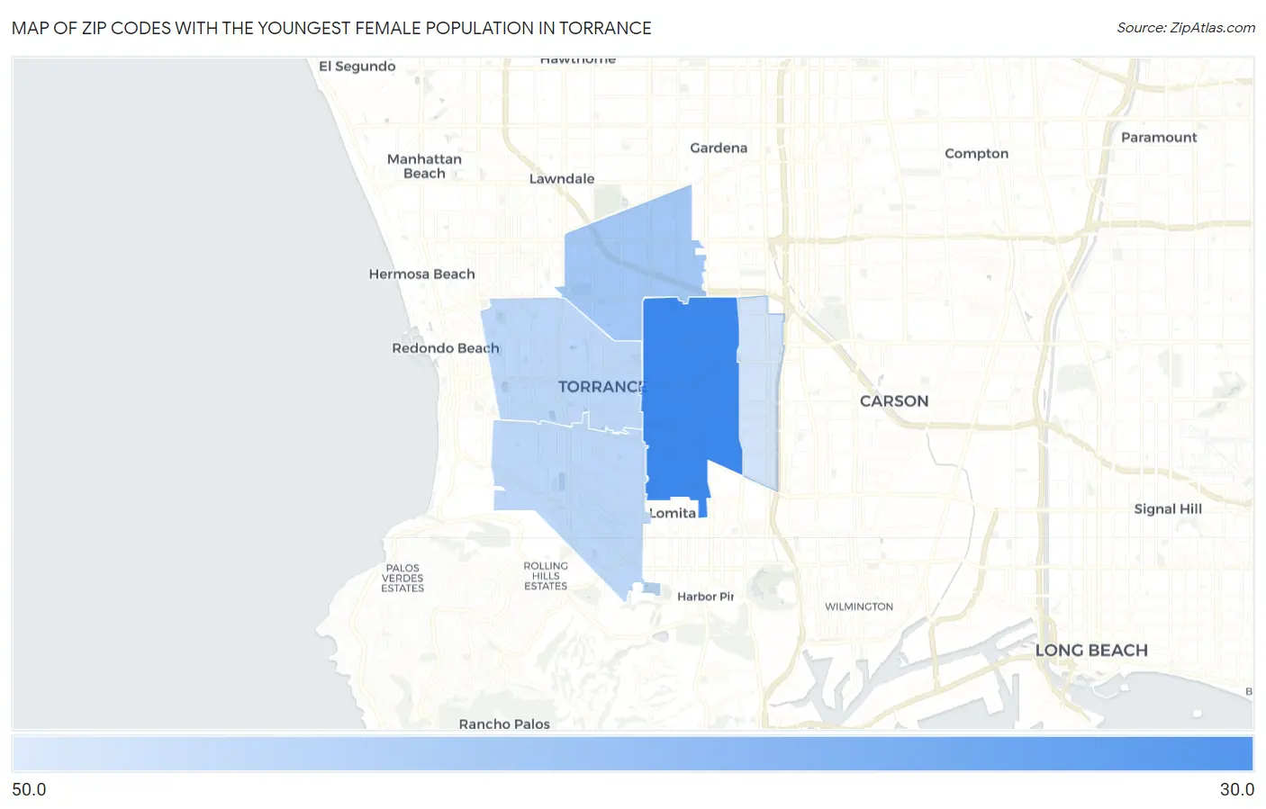 Zip Codes with the Youngest Female Population in Torrance Map