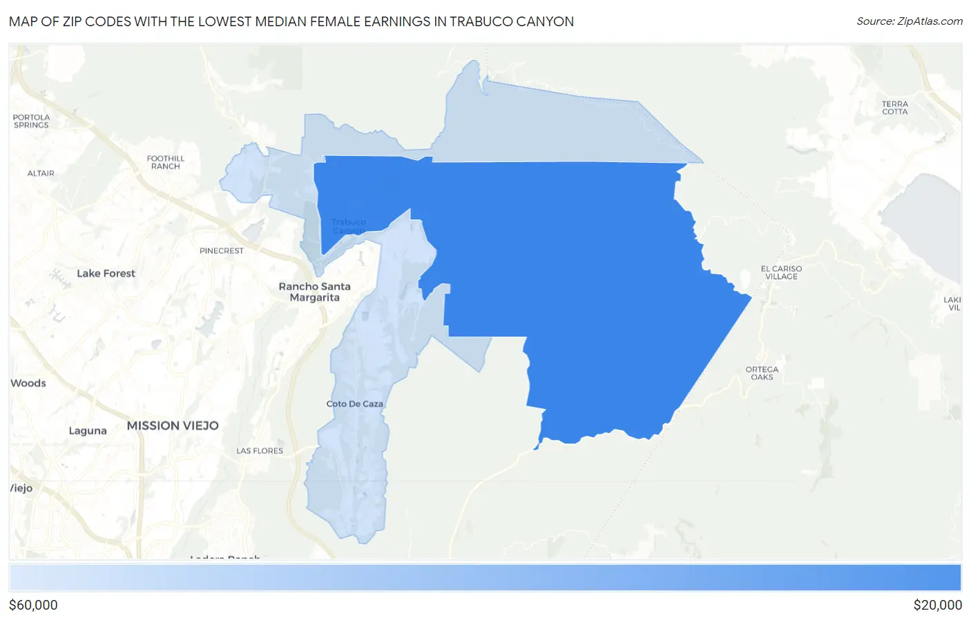 Zip Codes with the Lowest Median Female Earnings in Trabuco Canyon Map