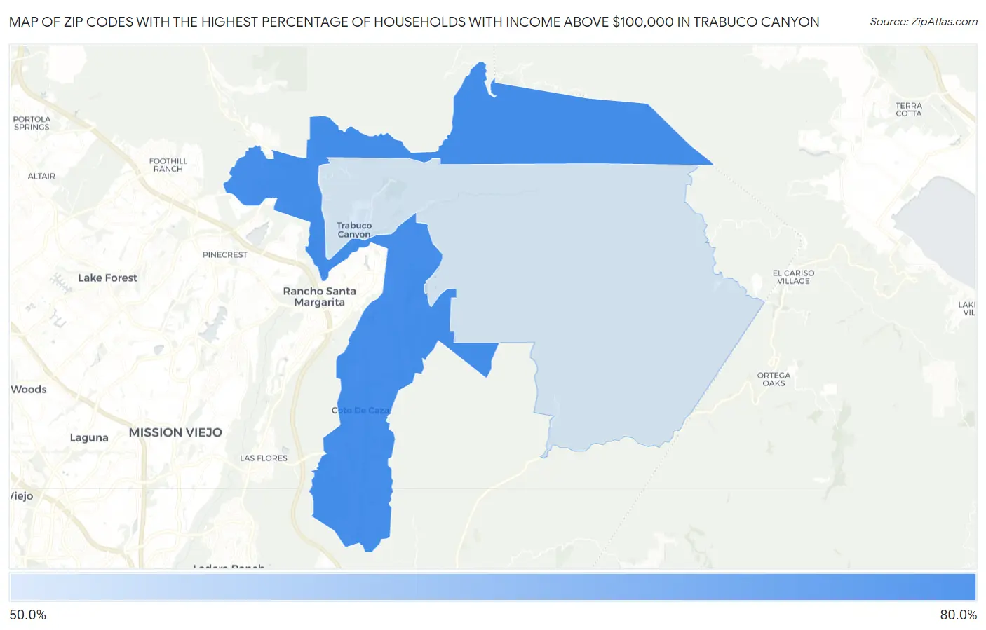 Zip Codes with the Highest Percentage of Households with Income Above $100,000 in Trabuco Canyon Map