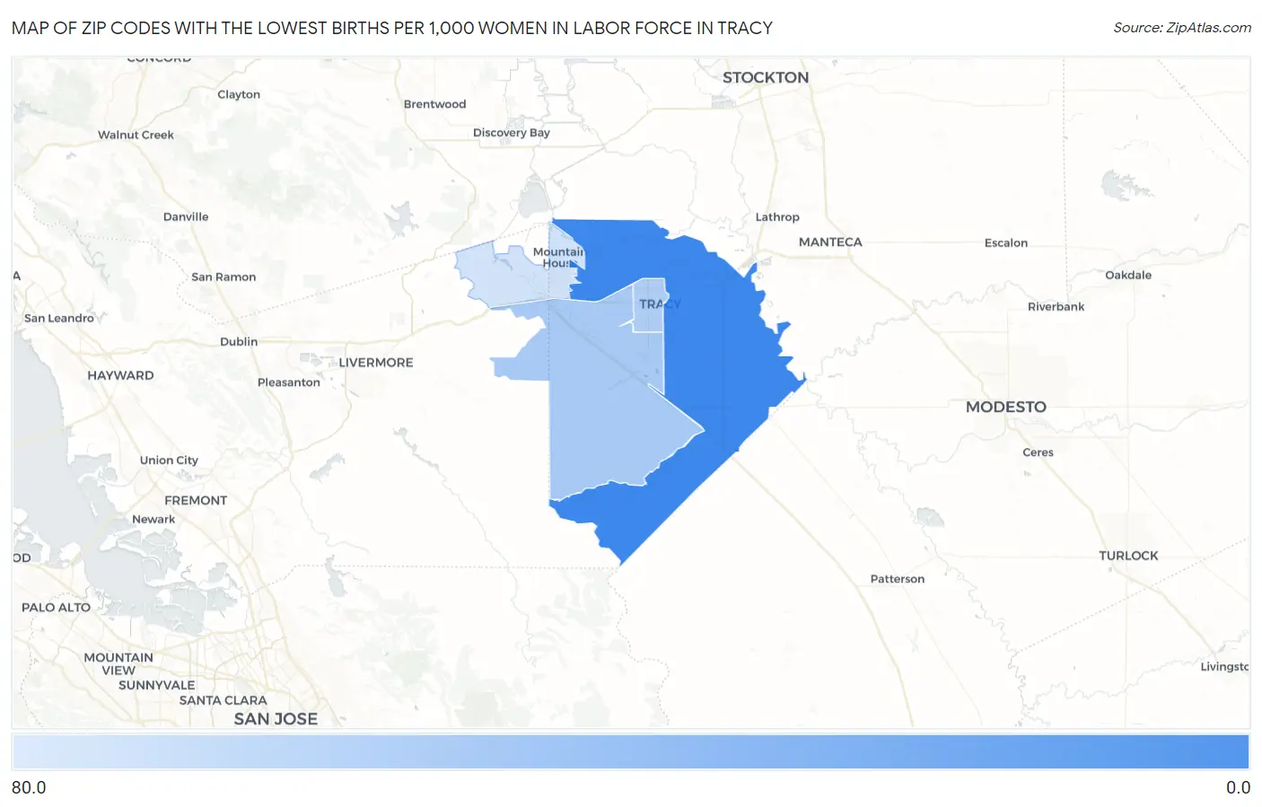 Zip Codes with the Lowest Births per 1,000 Women in Labor Force in Tracy Map
