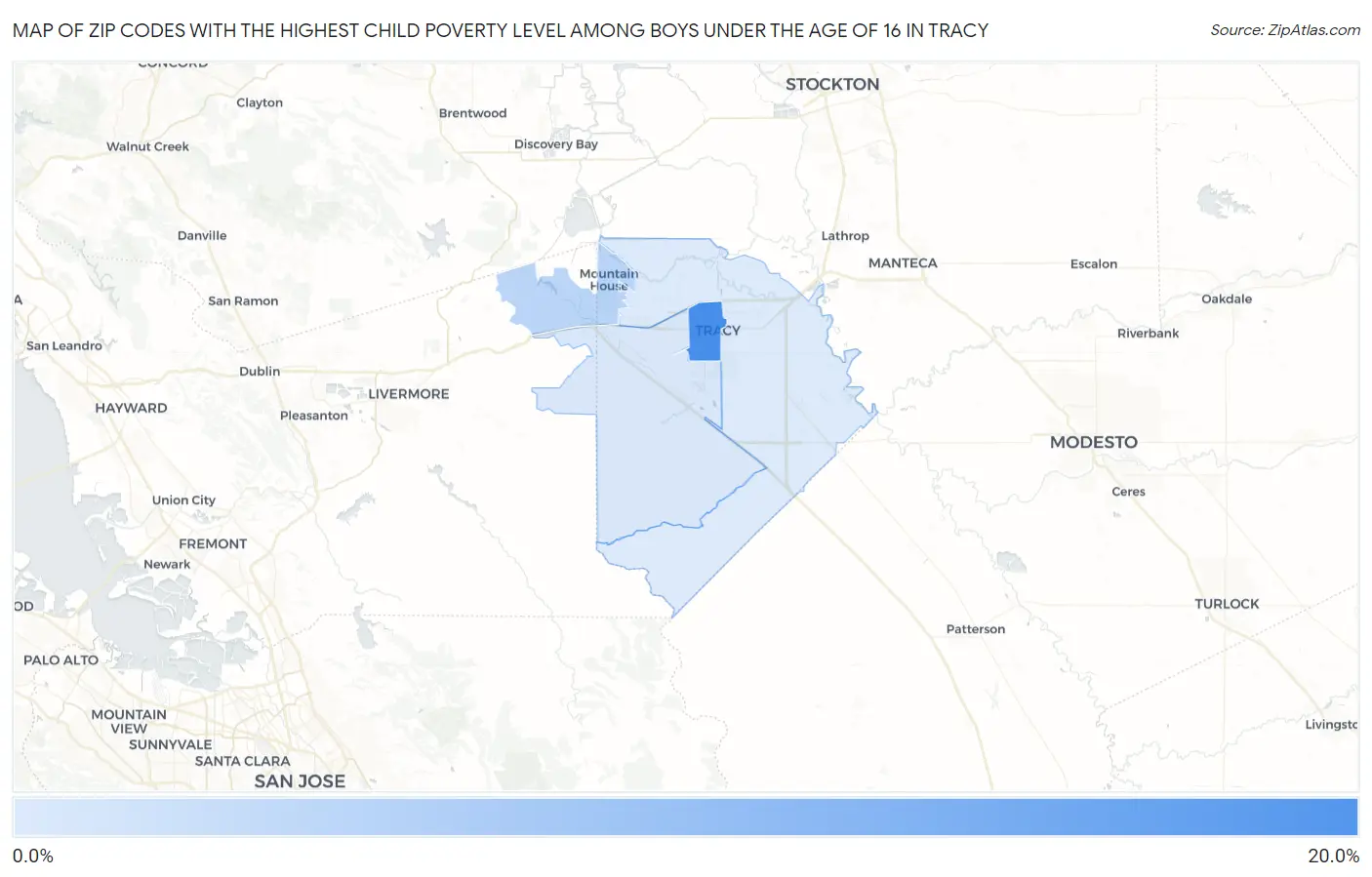 Zip Codes with the Highest Child Poverty Level Among Boys Under the Age of 16 in Tracy Map
