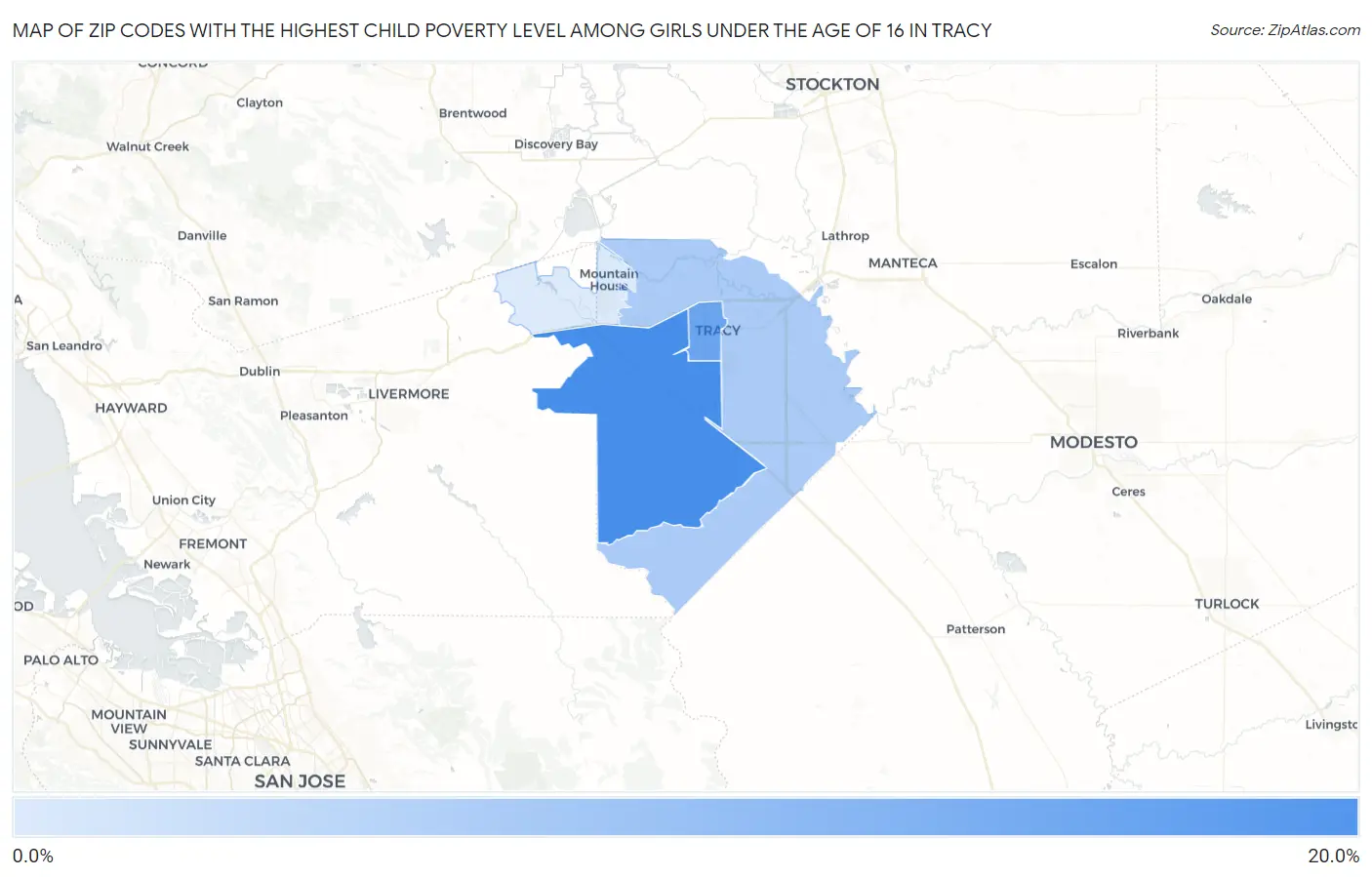 Zip Codes with the Highest Child Poverty Level Among Girls Under the Age of 16 in Tracy Map