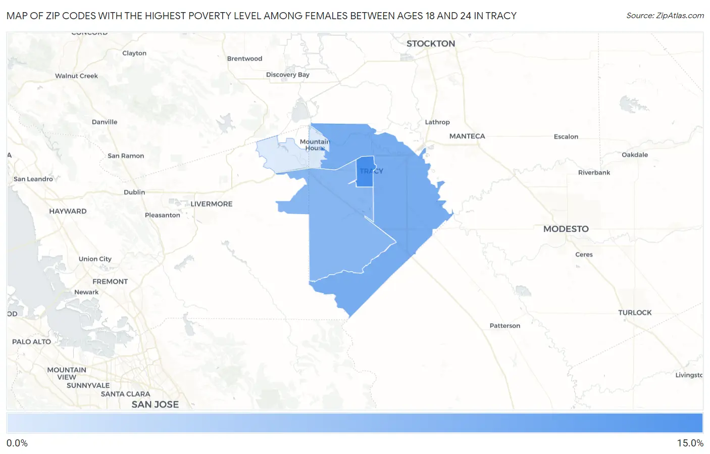 Zip Codes with the Highest Poverty Level Among Females Between Ages 18 and 24 in Tracy Map