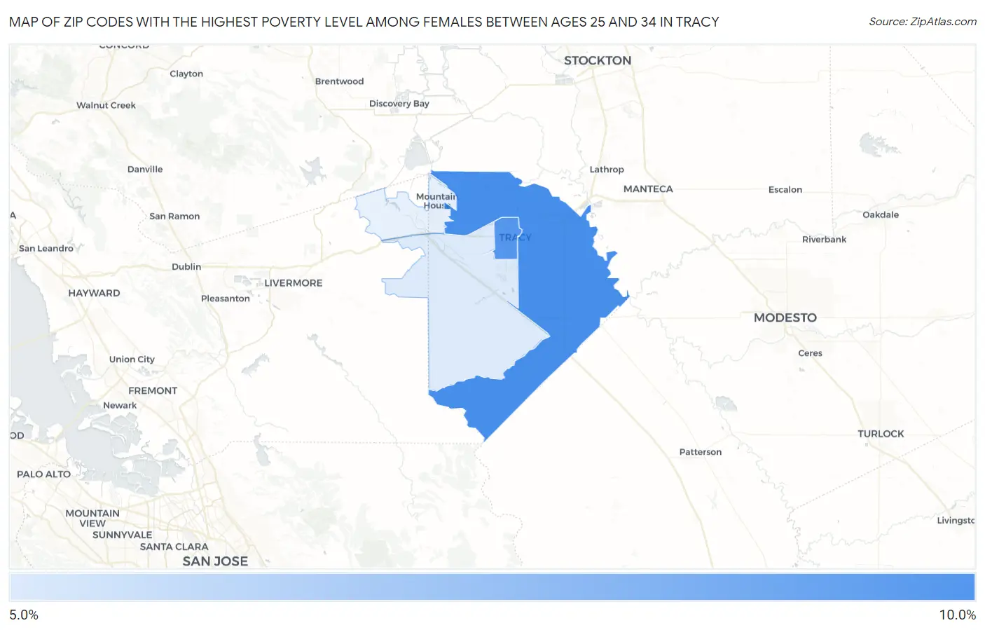 Zip Codes with the Highest Poverty Level Among Females Between Ages 25 and 34 in Tracy Map