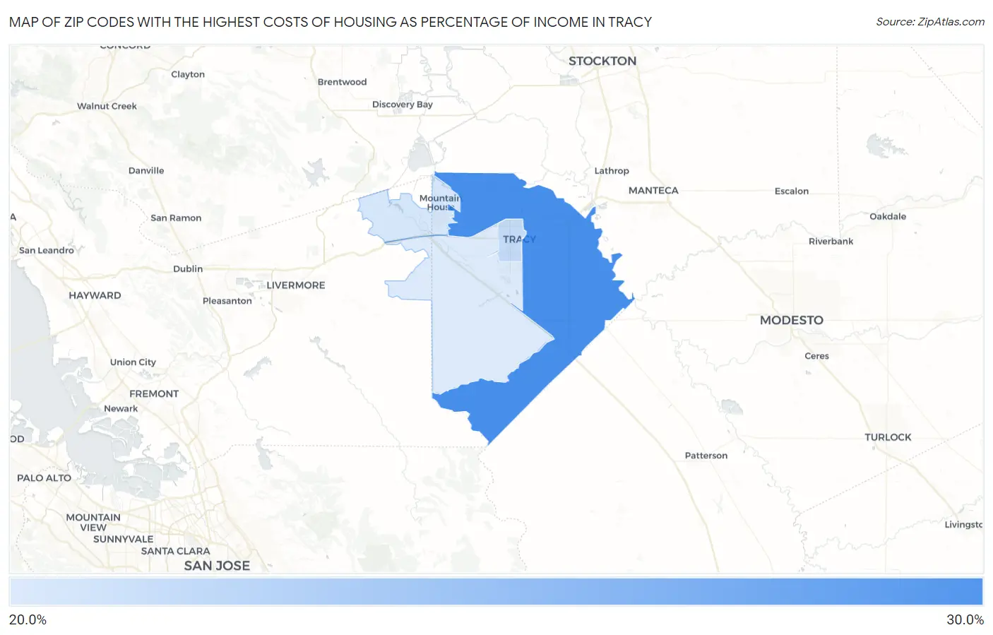 Zip Codes with the Highest Costs of Housing as Percentage of Income in Tracy Map