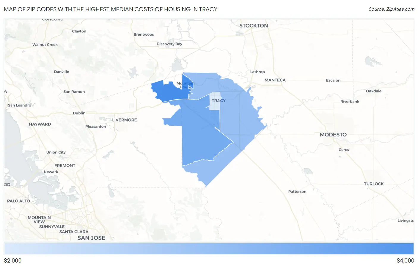 Zip Codes with the Highest Median Costs of Housing in Tracy Map