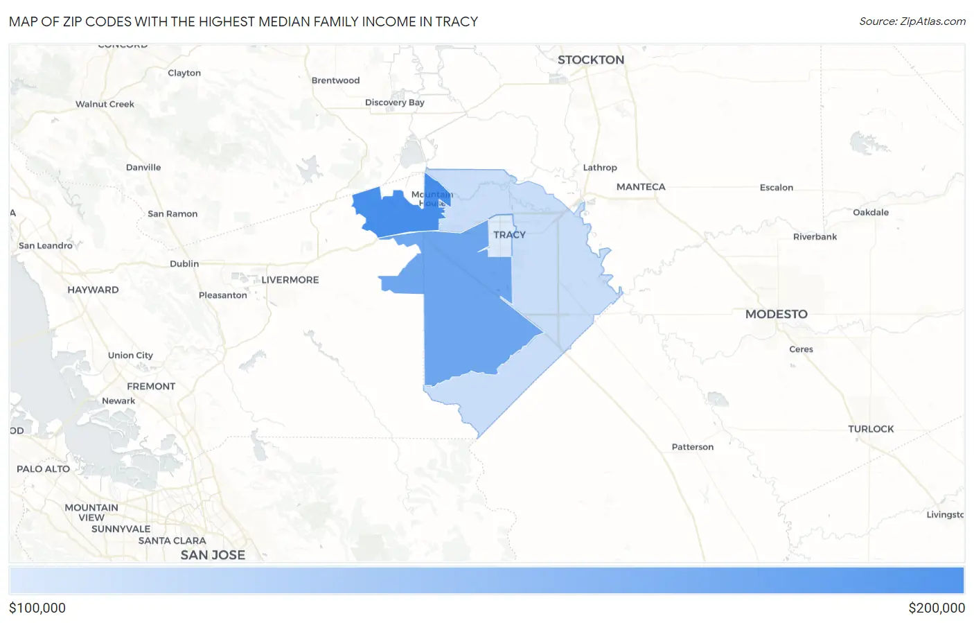 Zip Codes with the Highest Median Family Income in Tracy Map