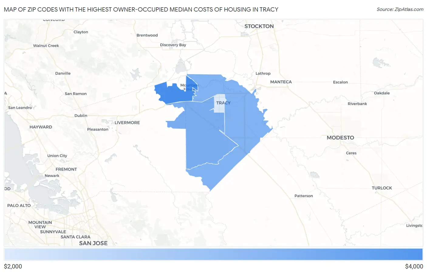 Zip Codes with the Highest Owner-Occupied Median Costs of Housing in Tracy Map