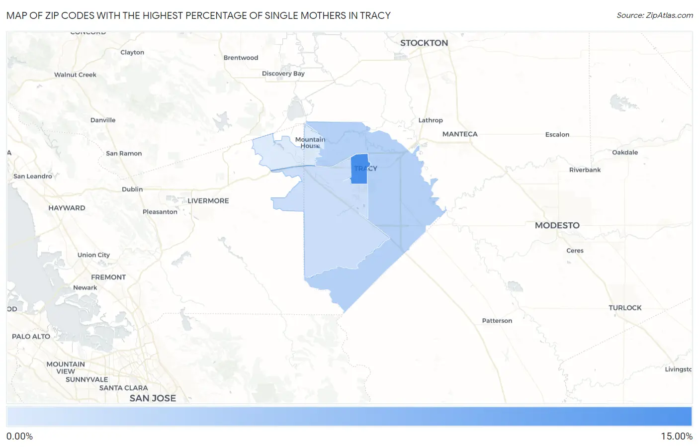 Zip Codes with the Highest Percentage of Single Mothers in Tracy Map