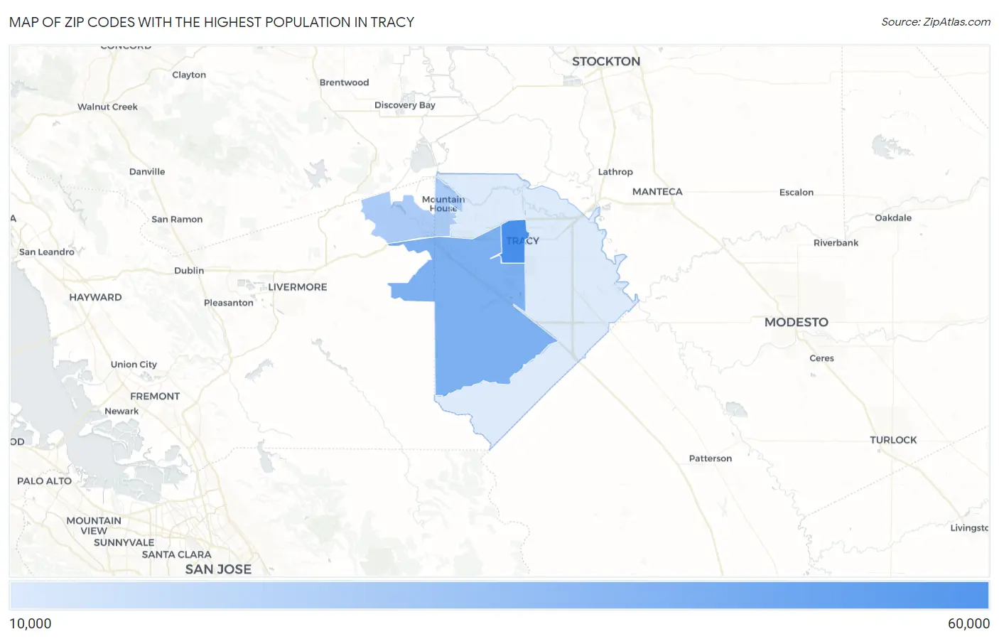 Zip Codes with the Highest Population in Tracy Map