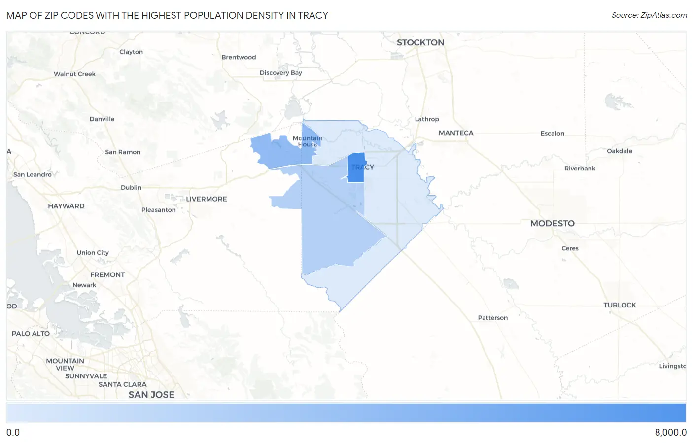 Zip Codes with the Highest Population Density in Tracy Map