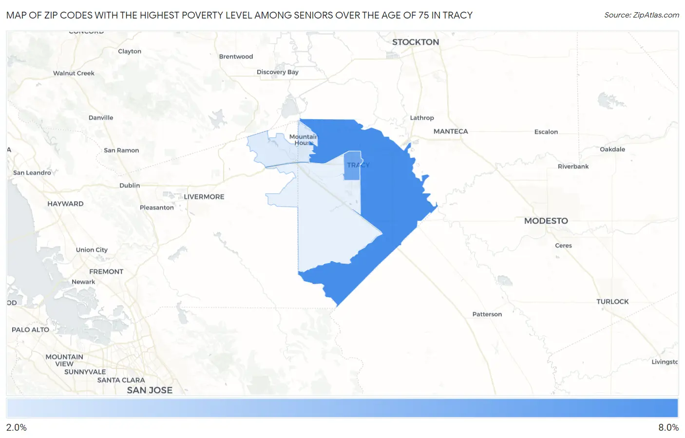 Zip Codes with the Highest Poverty Level Among Seniors Over the Age of 75 in Tracy Map