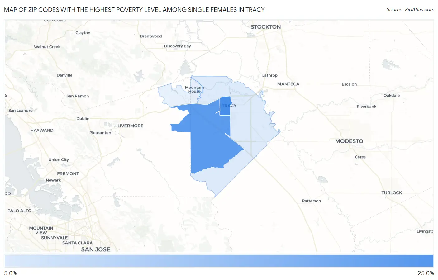 Zip Codes with the Highest Poverty Level Among Single Females in Tracy Map