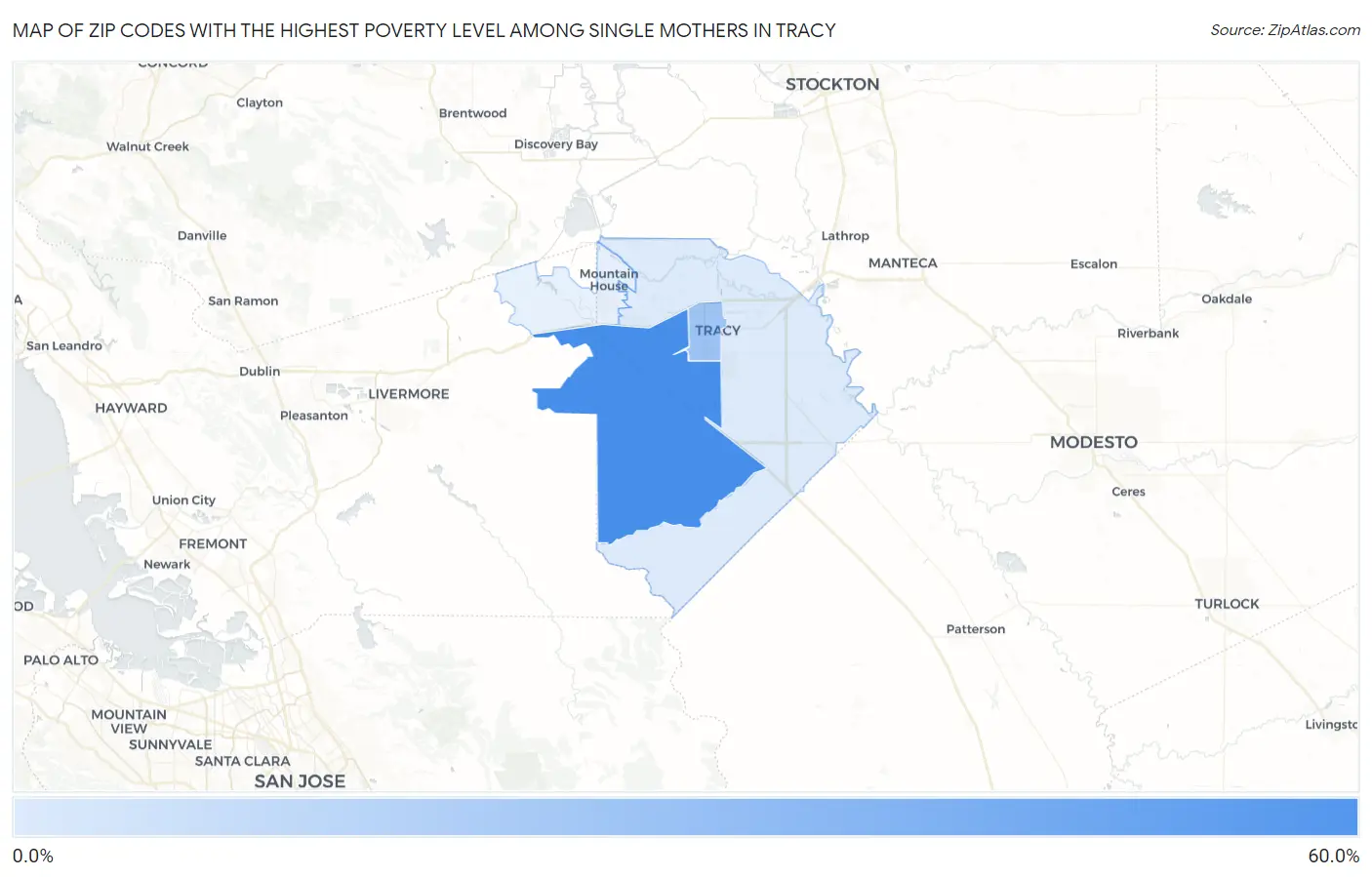 Zip Codes with the Highest Poverty Level Among Single Mothers in Tracy Map