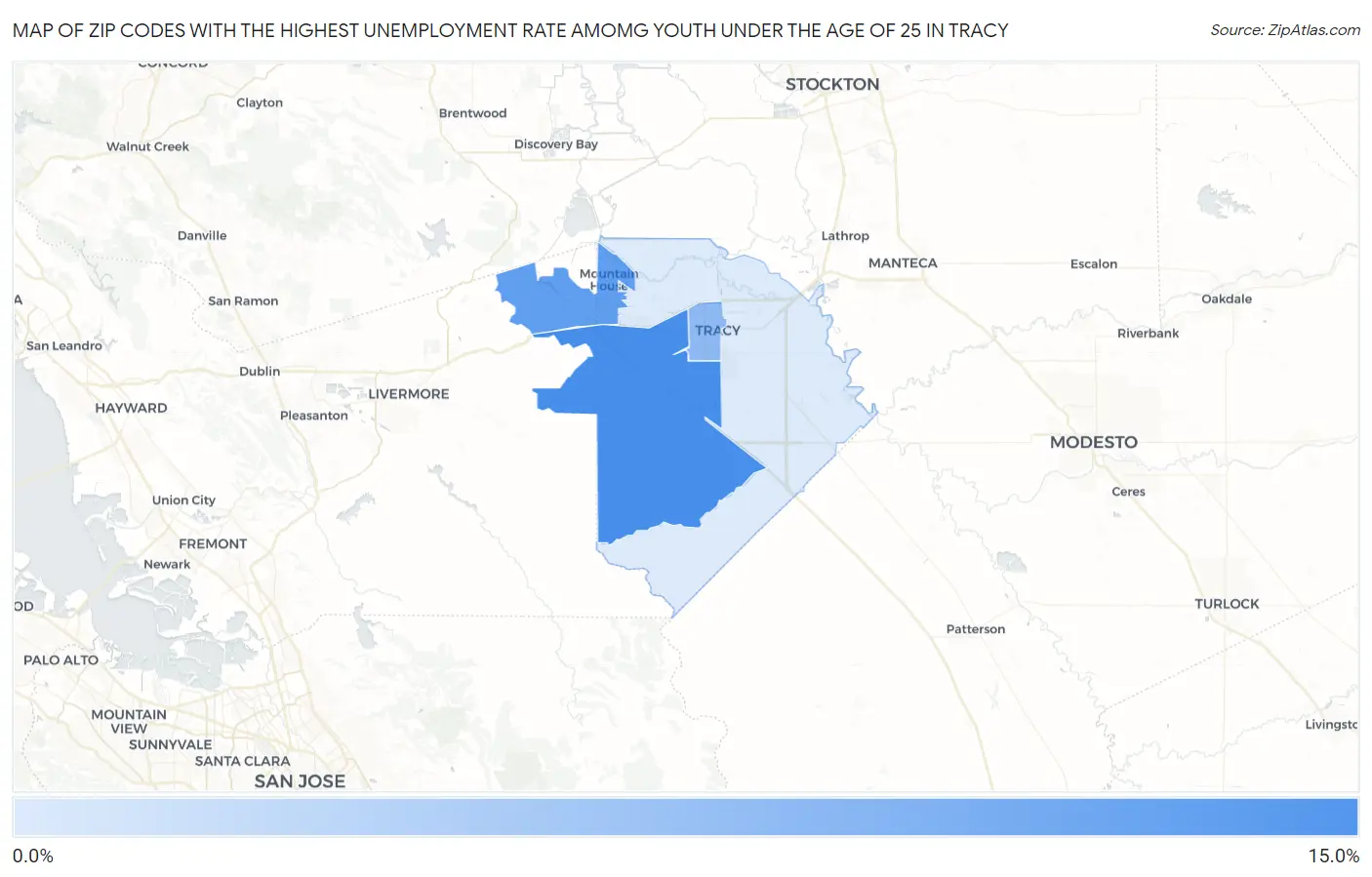 Zip Codes with the Highest Unemployment Rate Amomg Youth Under the Age of 25 in Tracy Map