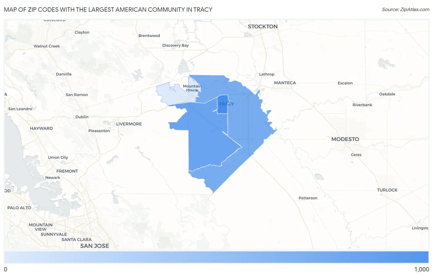 Zip Codes with the Largest American Community in Tracy Map