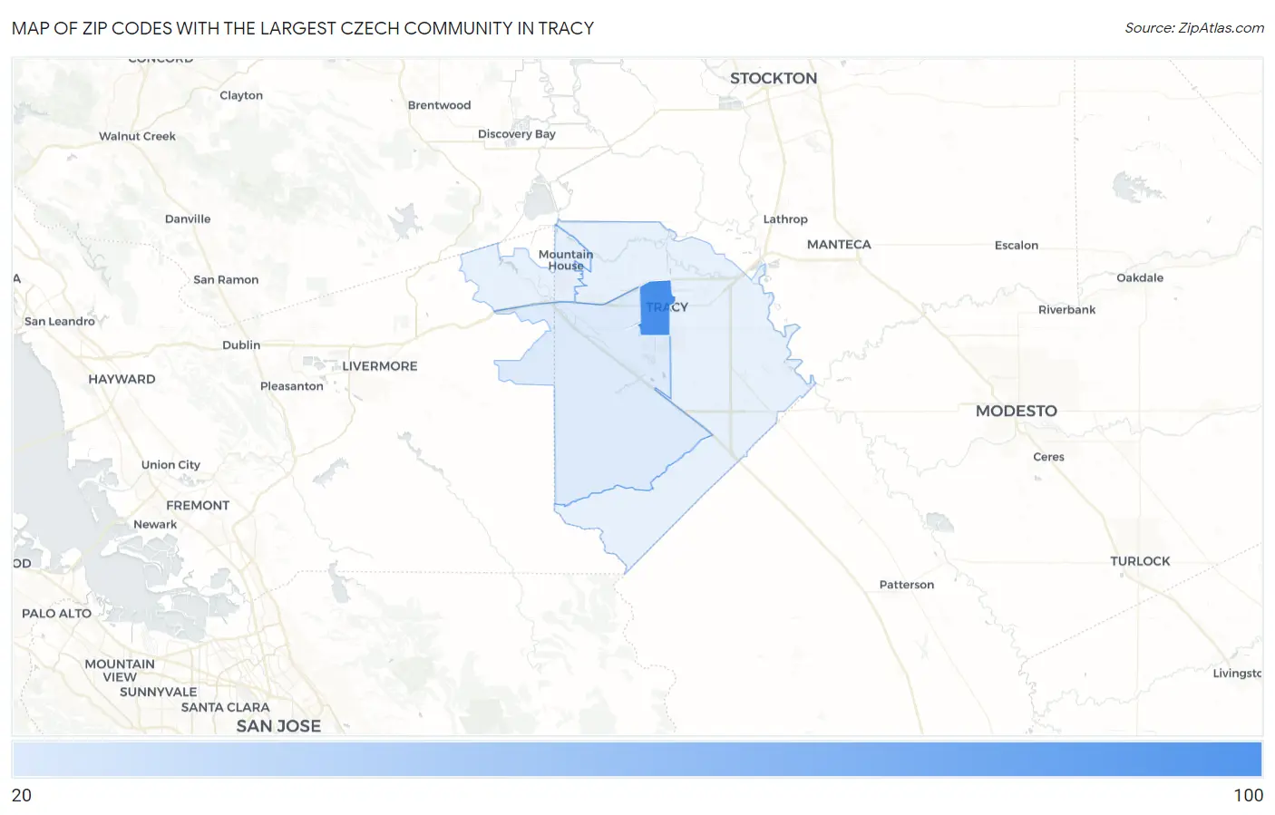 Zip Codes with the Largest Czech Community in Tracy Map