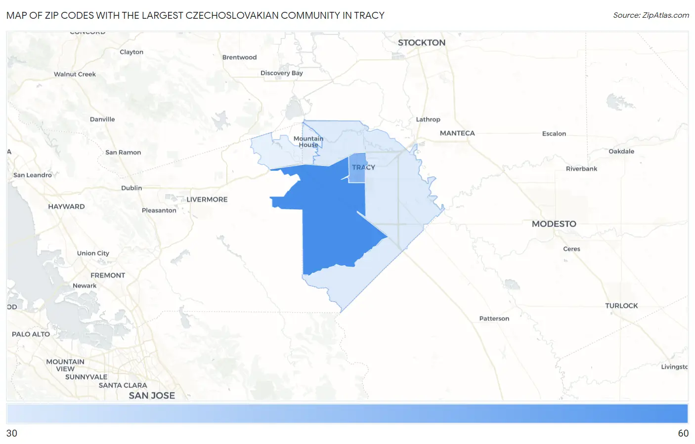 Zip Codes with the Largest Czechoslovakian Community in Tracy Map