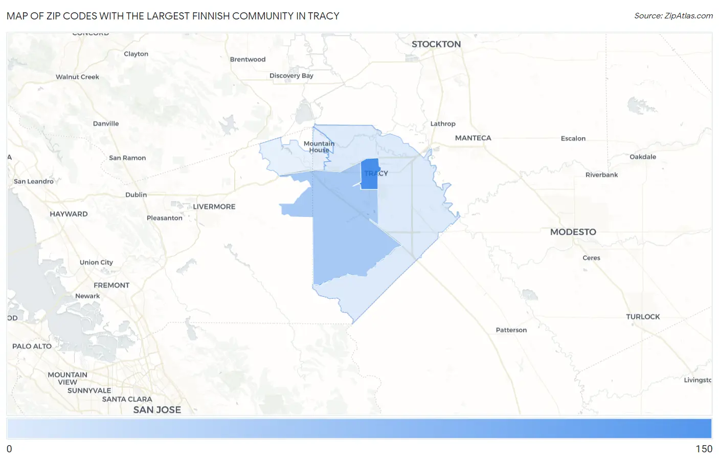Zip Codes with the Largest Finnish Community in Tracy Map