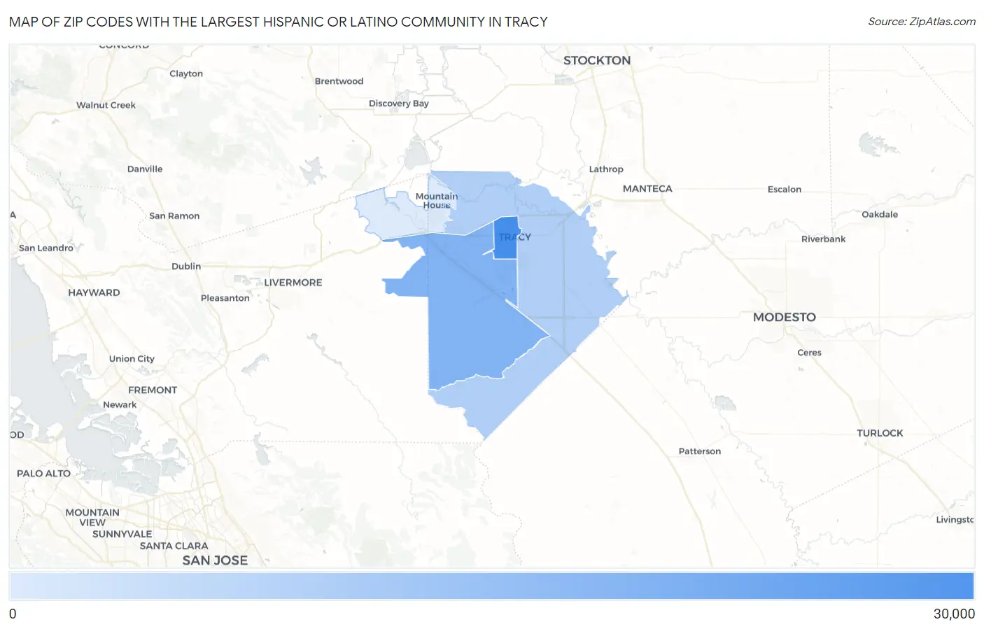 Zip Codes with the Largest Hispanic or Latino Community in Tracy Map