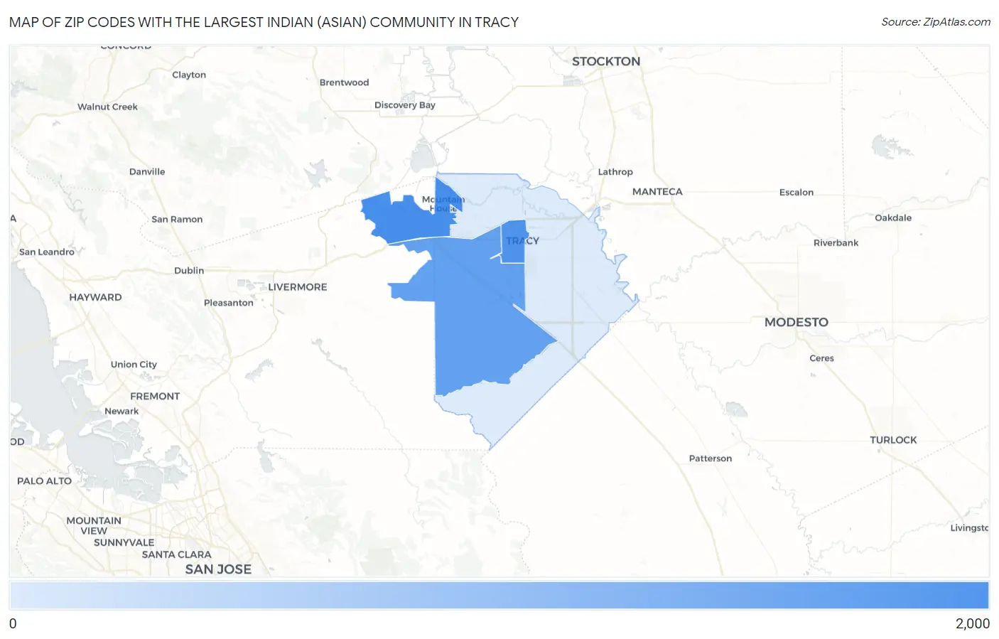 Zip Codes with the Largest Indian (Asian) Community in Tracy Map