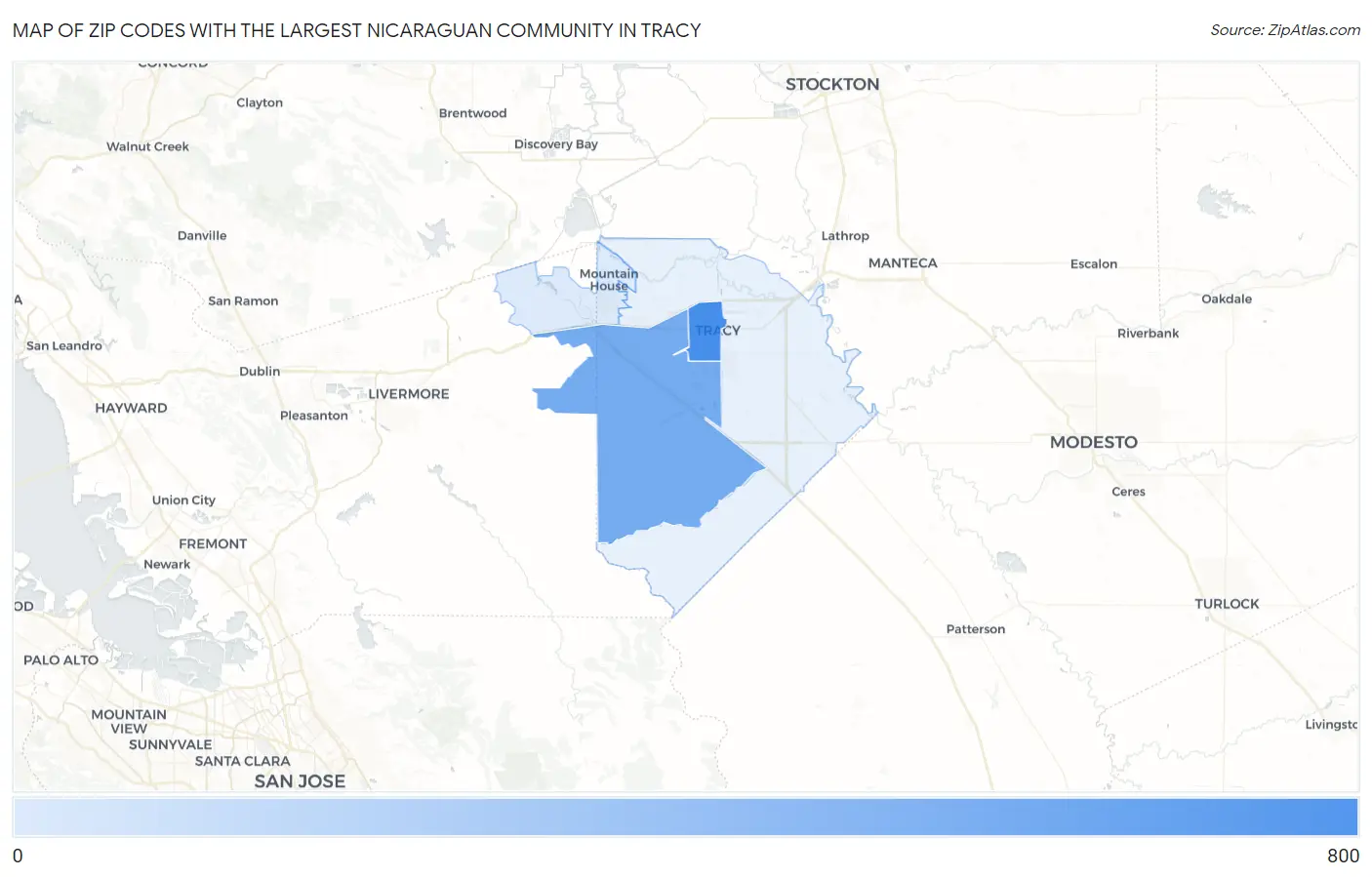 Zip Codes with the Largest Nicaraguan Community in Tracy Map