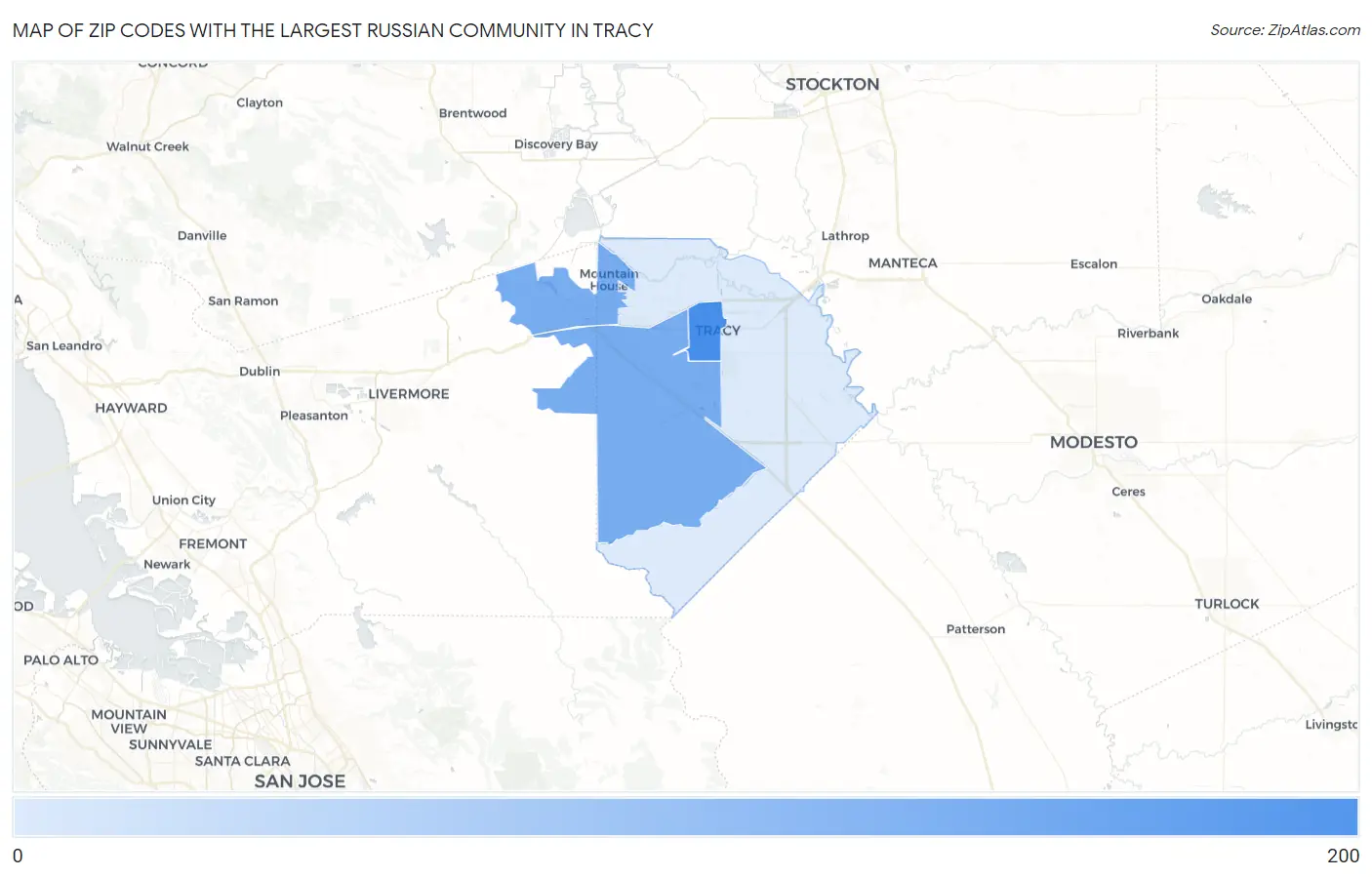 Zip Codes with the Largest Russian Community in Tracy Map
