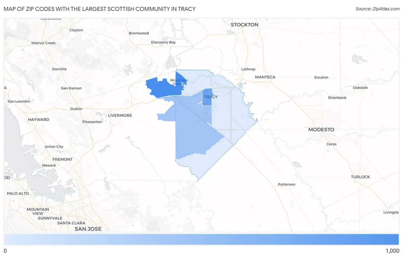 Zip Codes with the Largest Scottish Community in Tracy Map