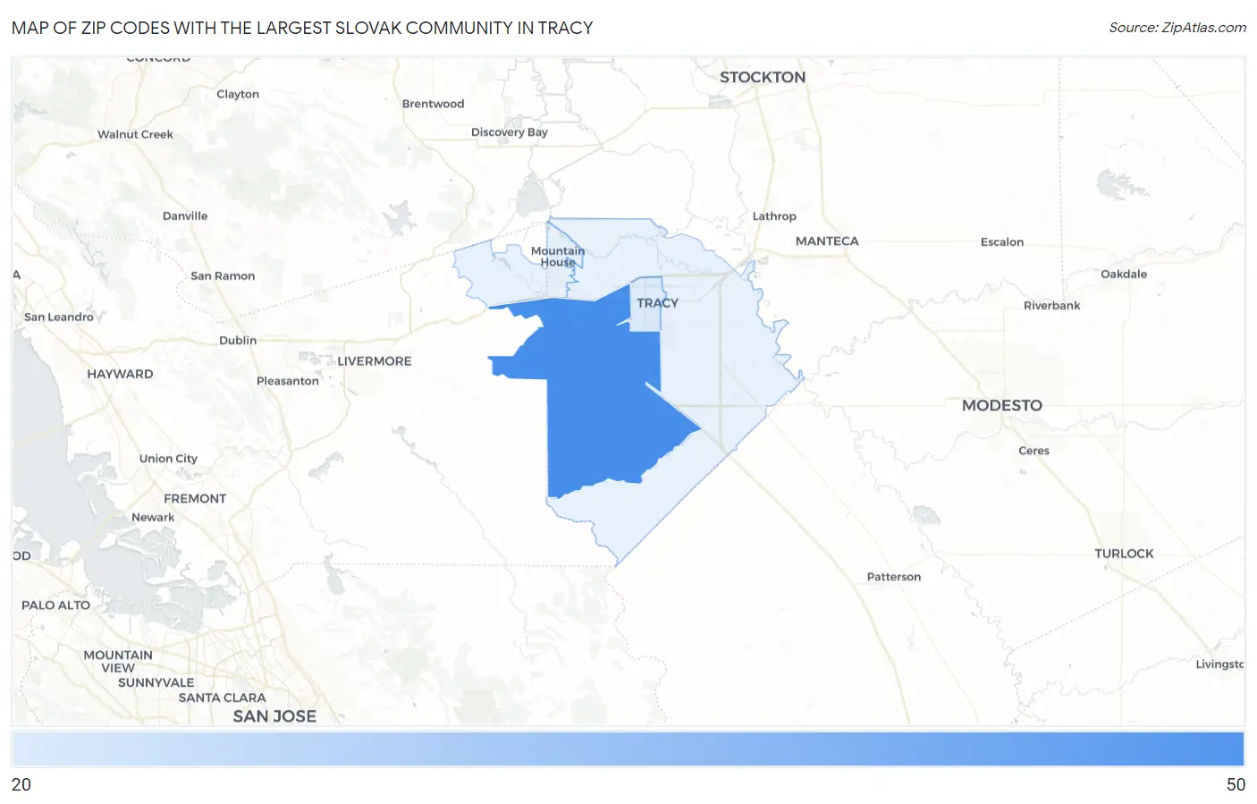 Zip Codes with the Largest Slovak Community in Tracy Map