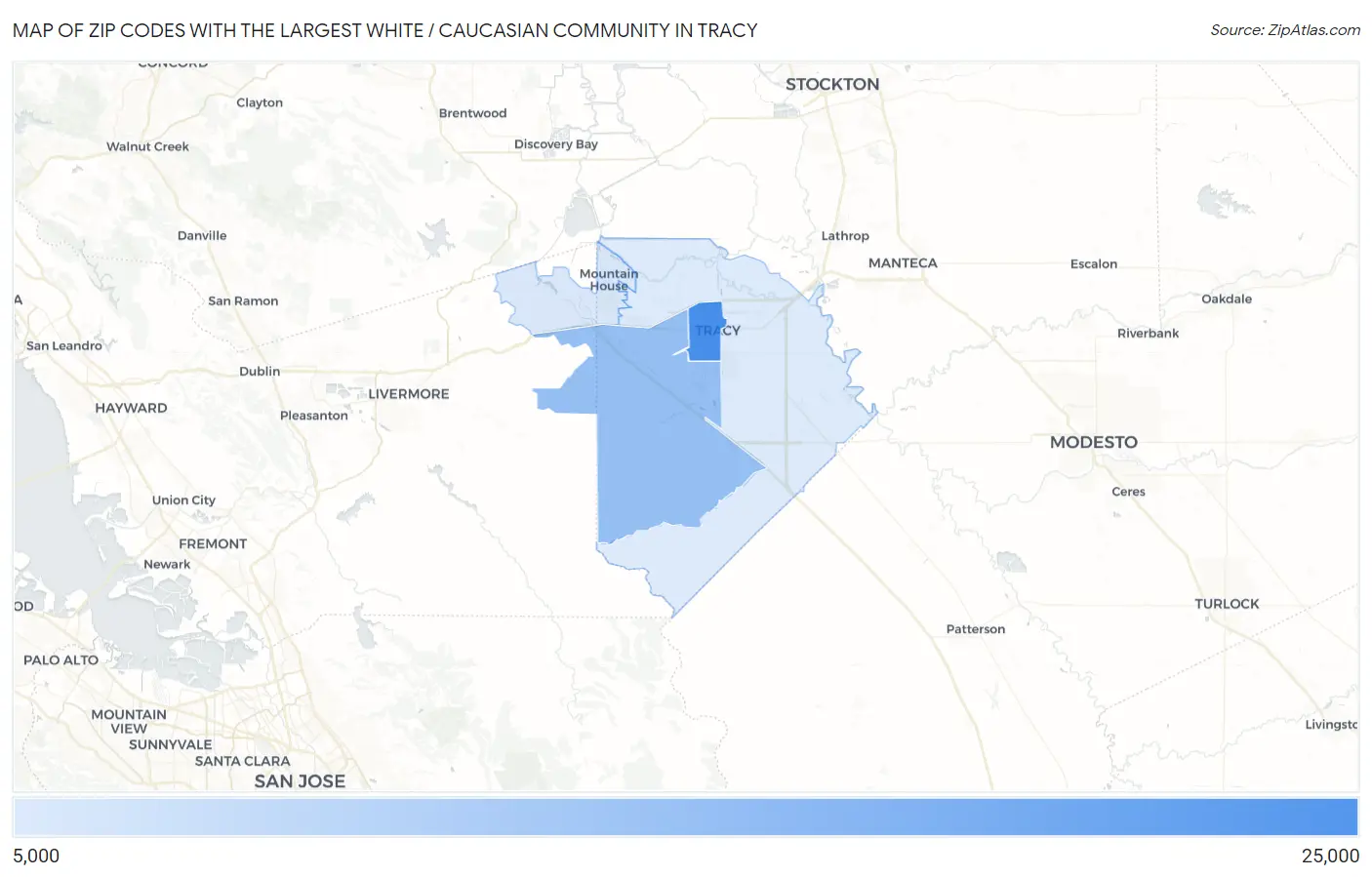 Zip Codes with the Largest White / Caucasian Community in Tracy Map