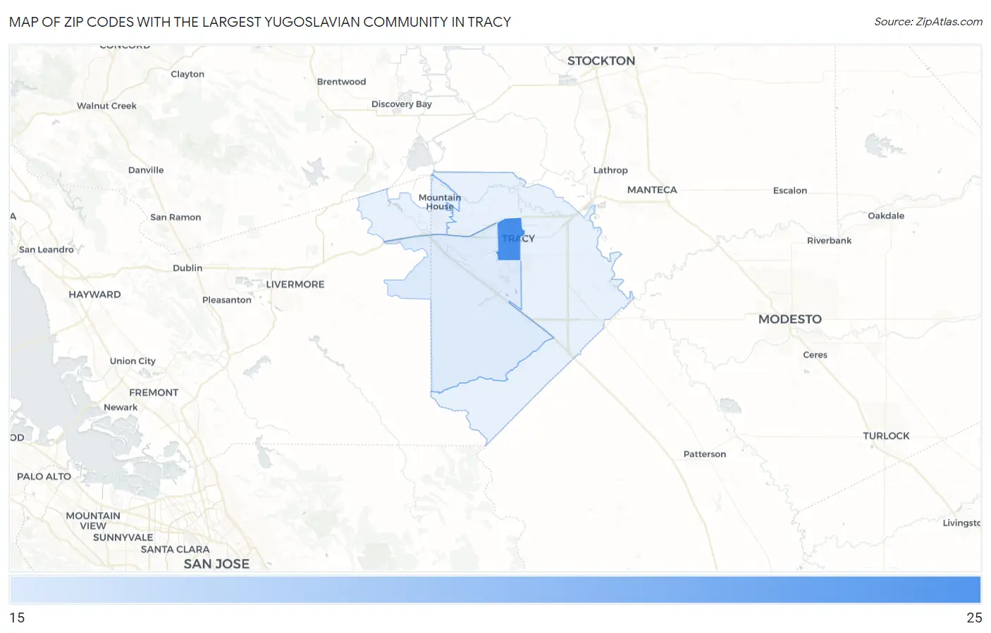 Zip Codes with the Largest Yugoslavian Community in Tracy Map