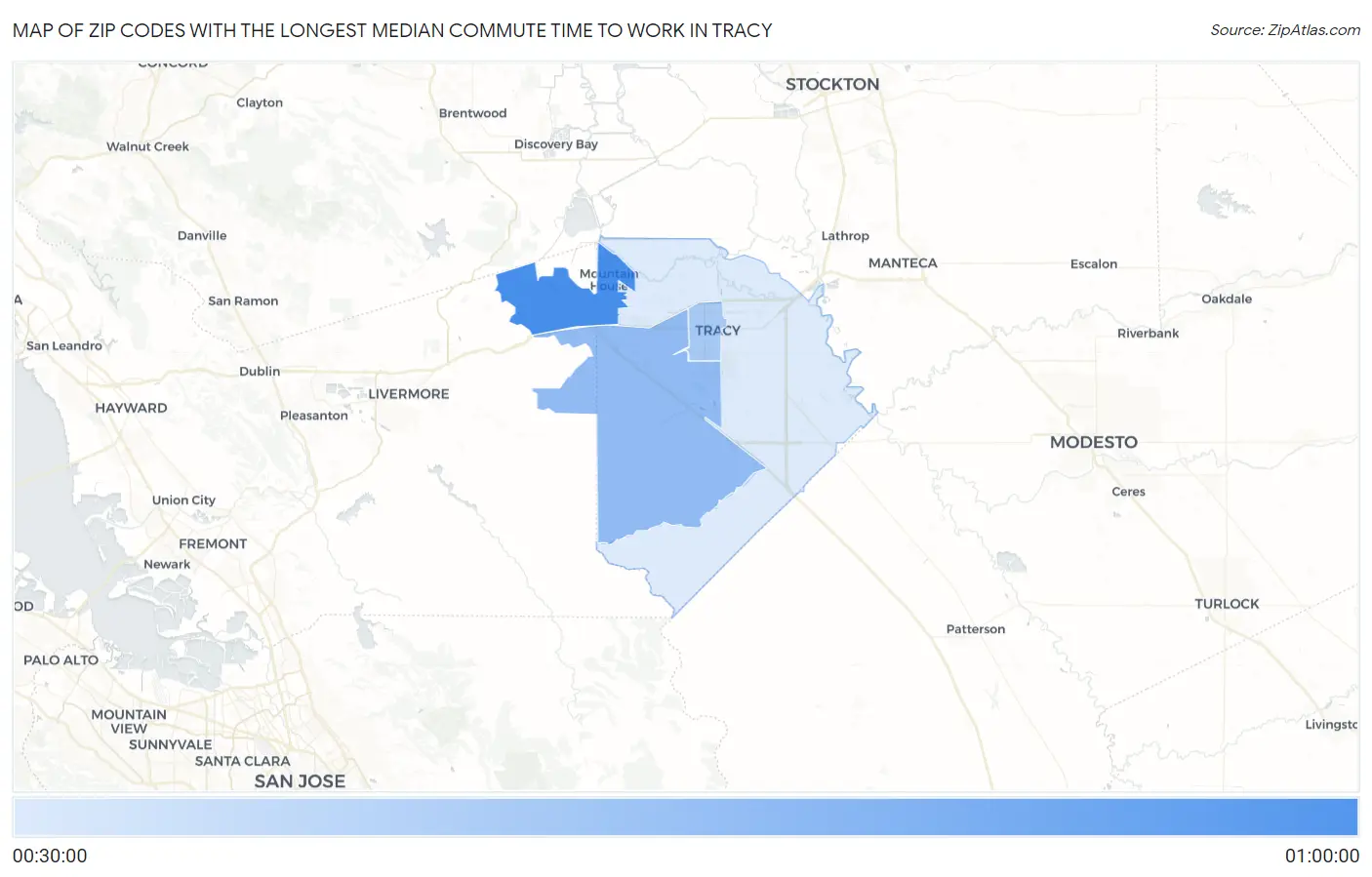 Zip Codes with the Longest Median Commute Time to Work in Tracy Map