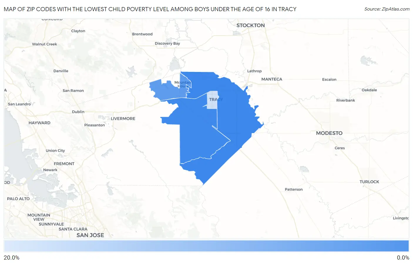 Zip Codes with the Lowest Child Poverty Level Among Boys Under the Age of 16 in Tracy Map