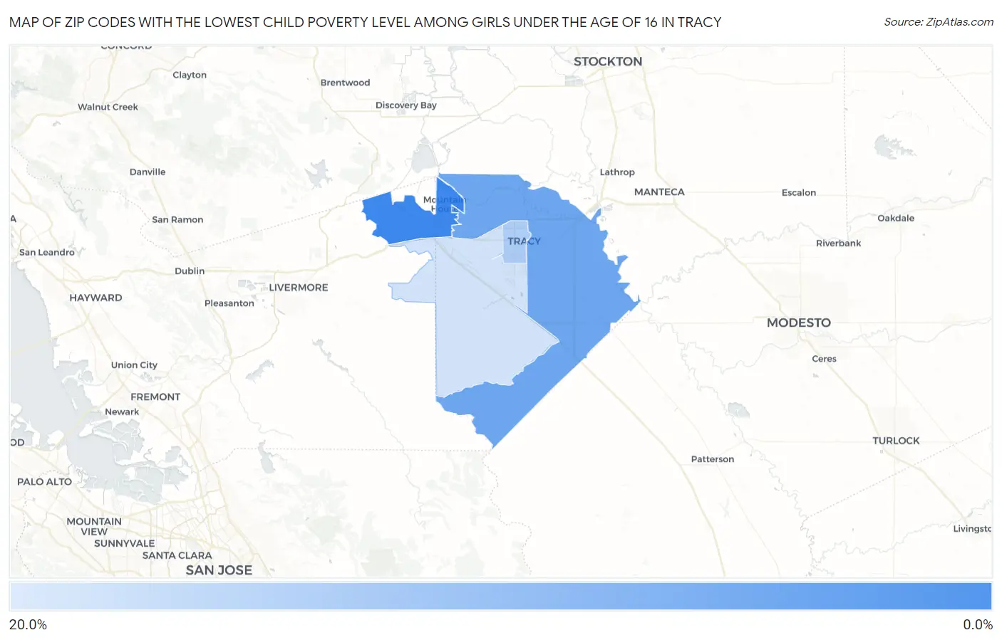 Zip Codes with the Lowest Child Poverty Level Among Girls Under the Age of 16 in Tracy Map