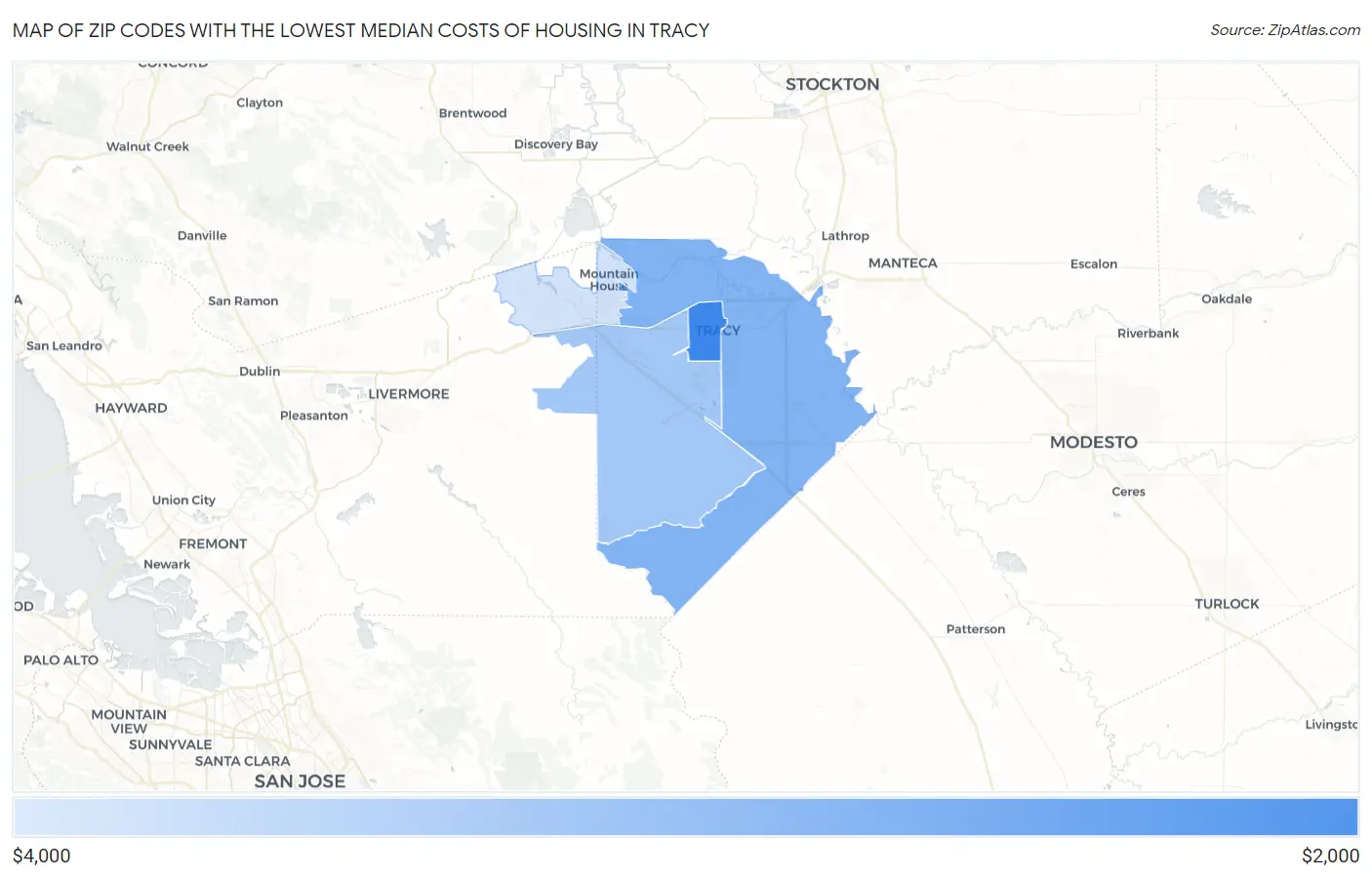Zip Codes with the Lowest Median Costs of Housing in Tracy Map