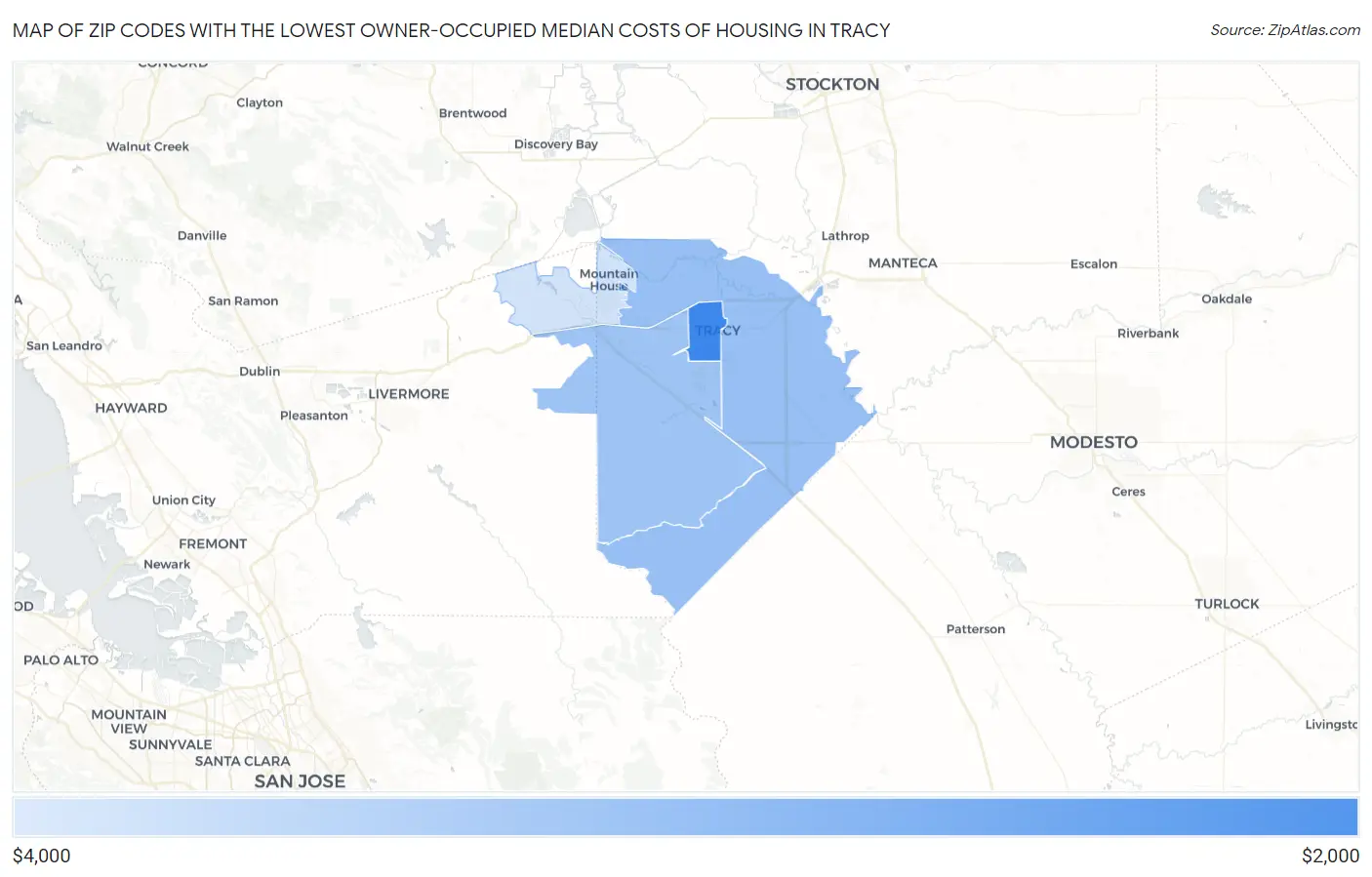 Zip Codes with the Lowest Owner-Occupied Median Costs of Housing in Tracy Map