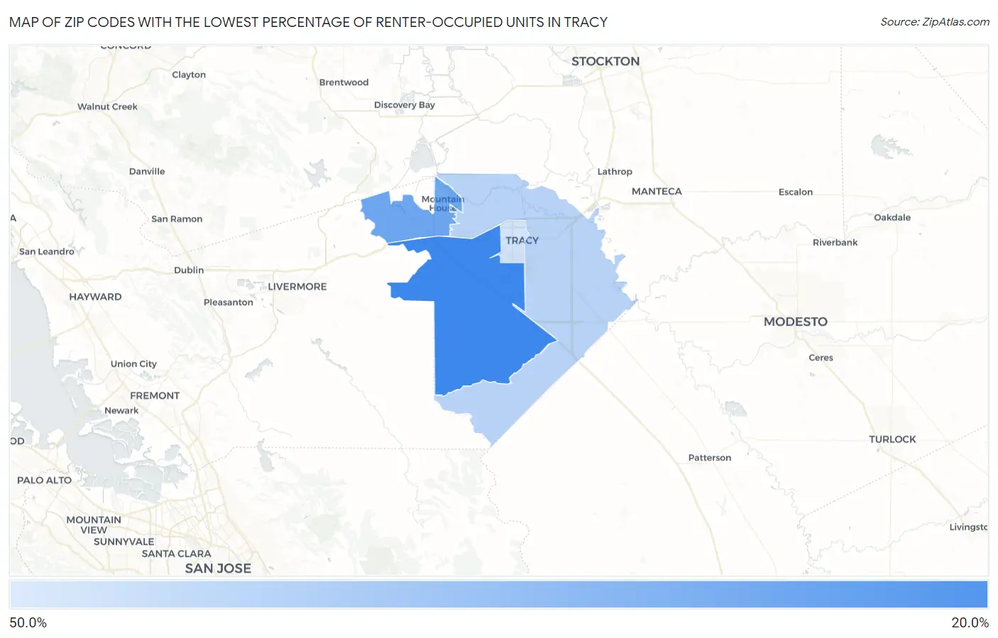 Zip Codes with the Lowest Percentage of Renter-Occupied Units in Tracy Map