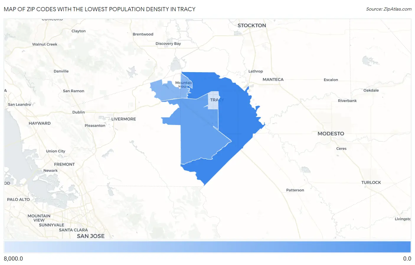 Zip Codes with the Lowest Population Density in Tracy Map