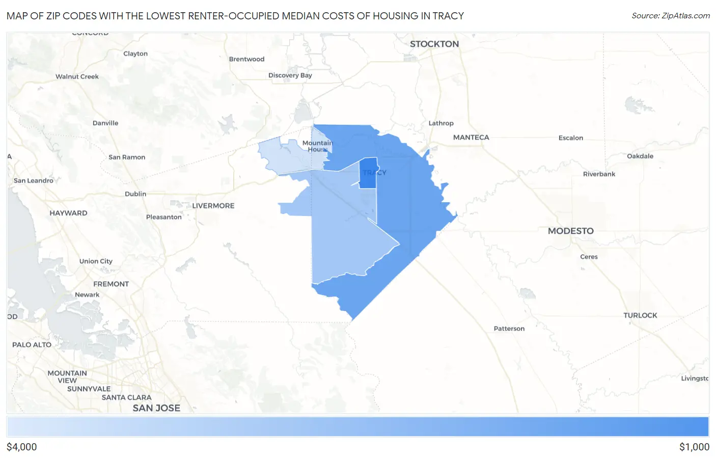Zip Codes with the Lowest Renter-Occupied Median Costs of Housing in Tracy Map