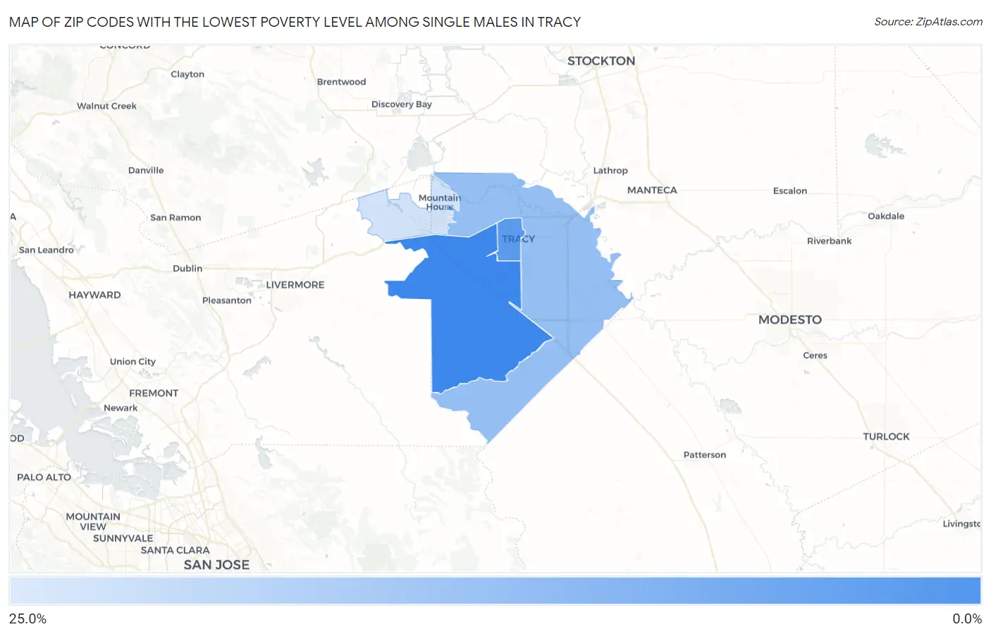 Zip Codes with the Lowest Poverty Level Among Single Males in Tracy Map